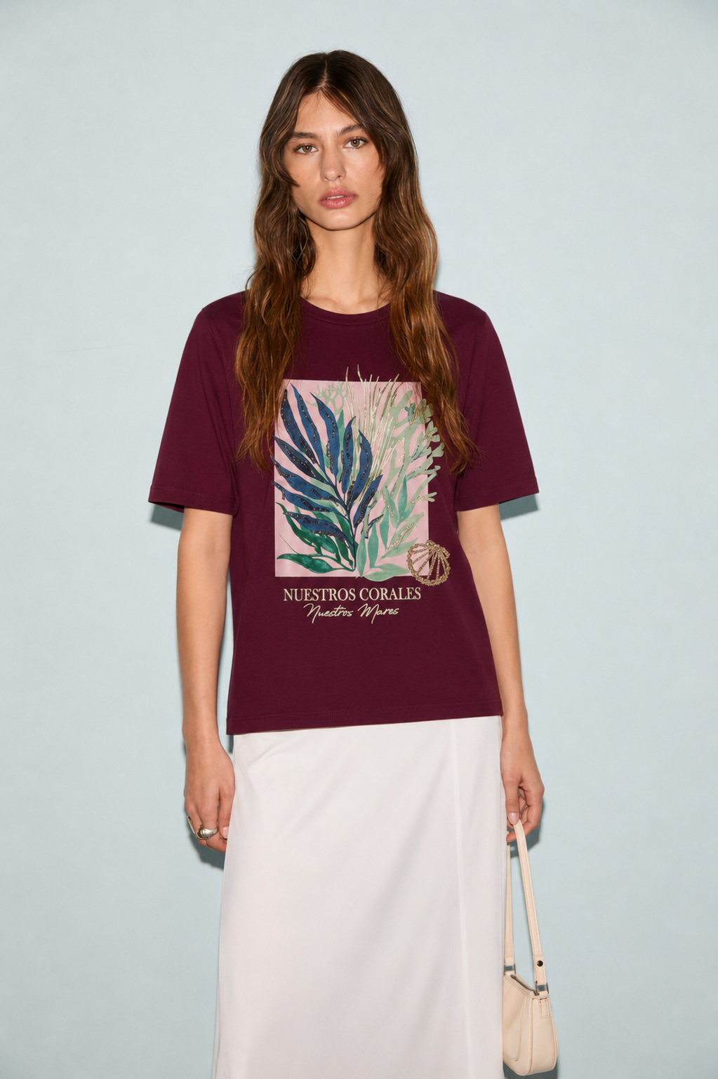 Yaprakları Payet İşlemeli Tshirt 3005 - Bordo