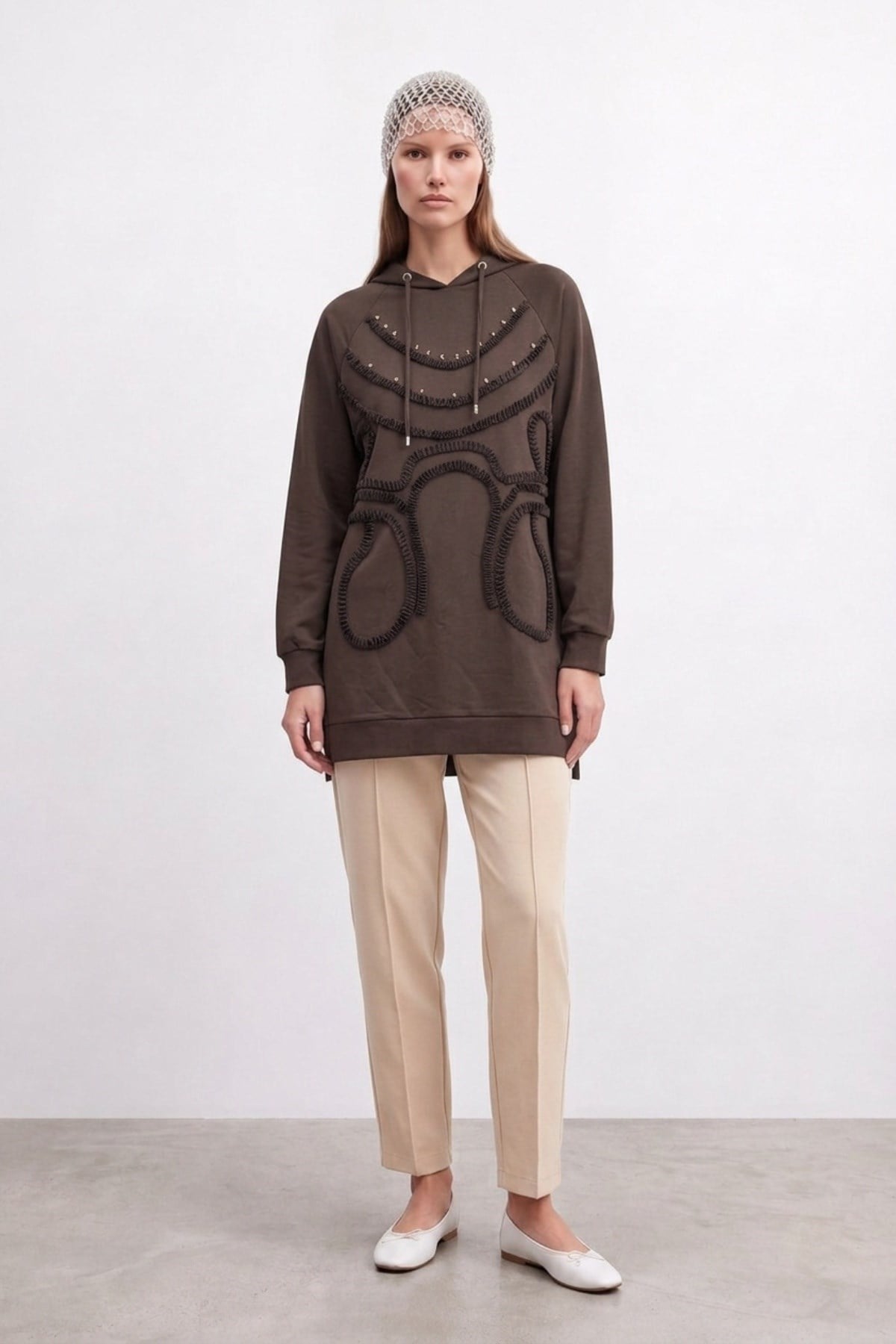 Ön Büzgü Kumaş İşlemeli Tunik 10819 Browni Tunik PUANE 