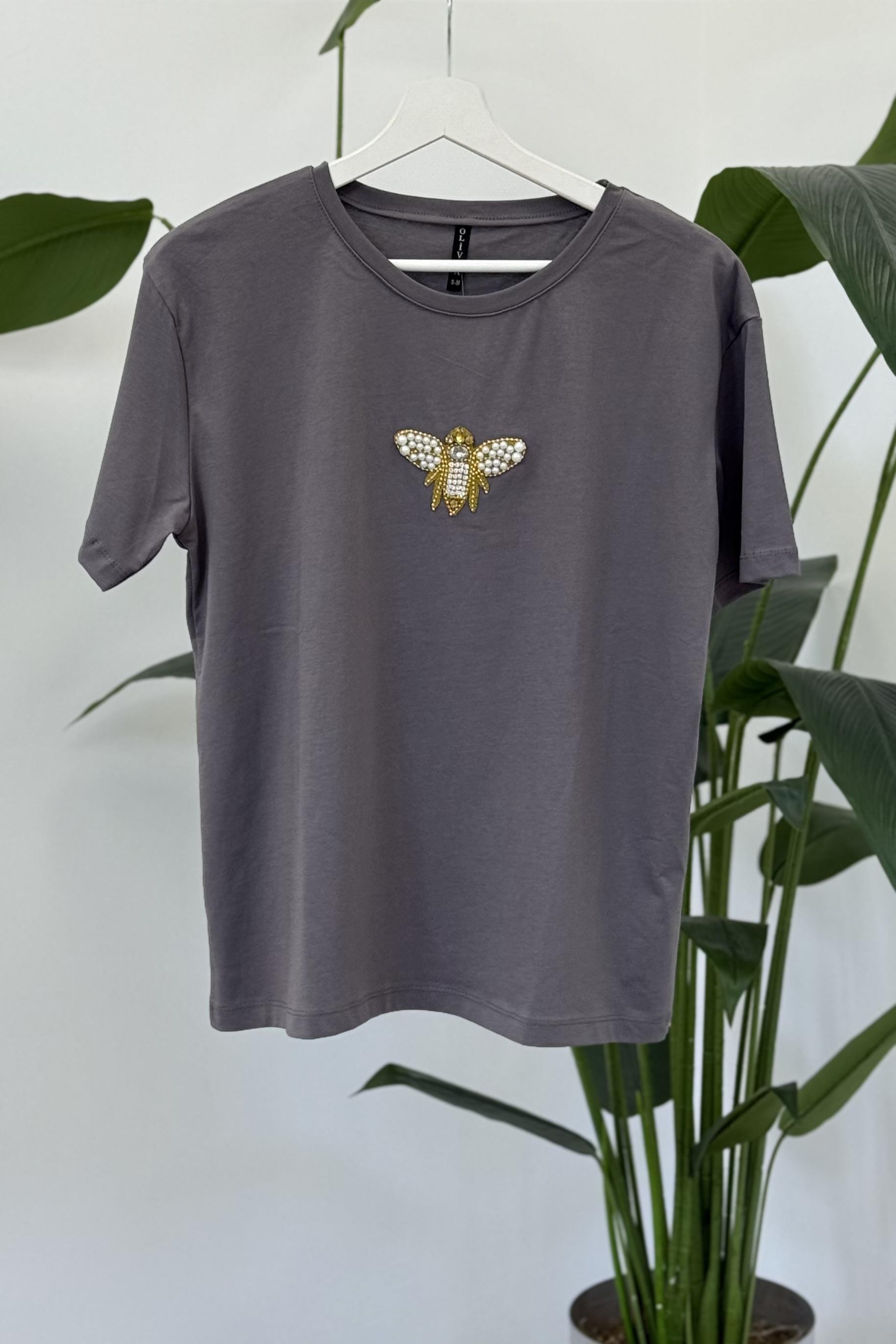 Arı Boncuk İşlemeli Tshirt 3086 - Füme