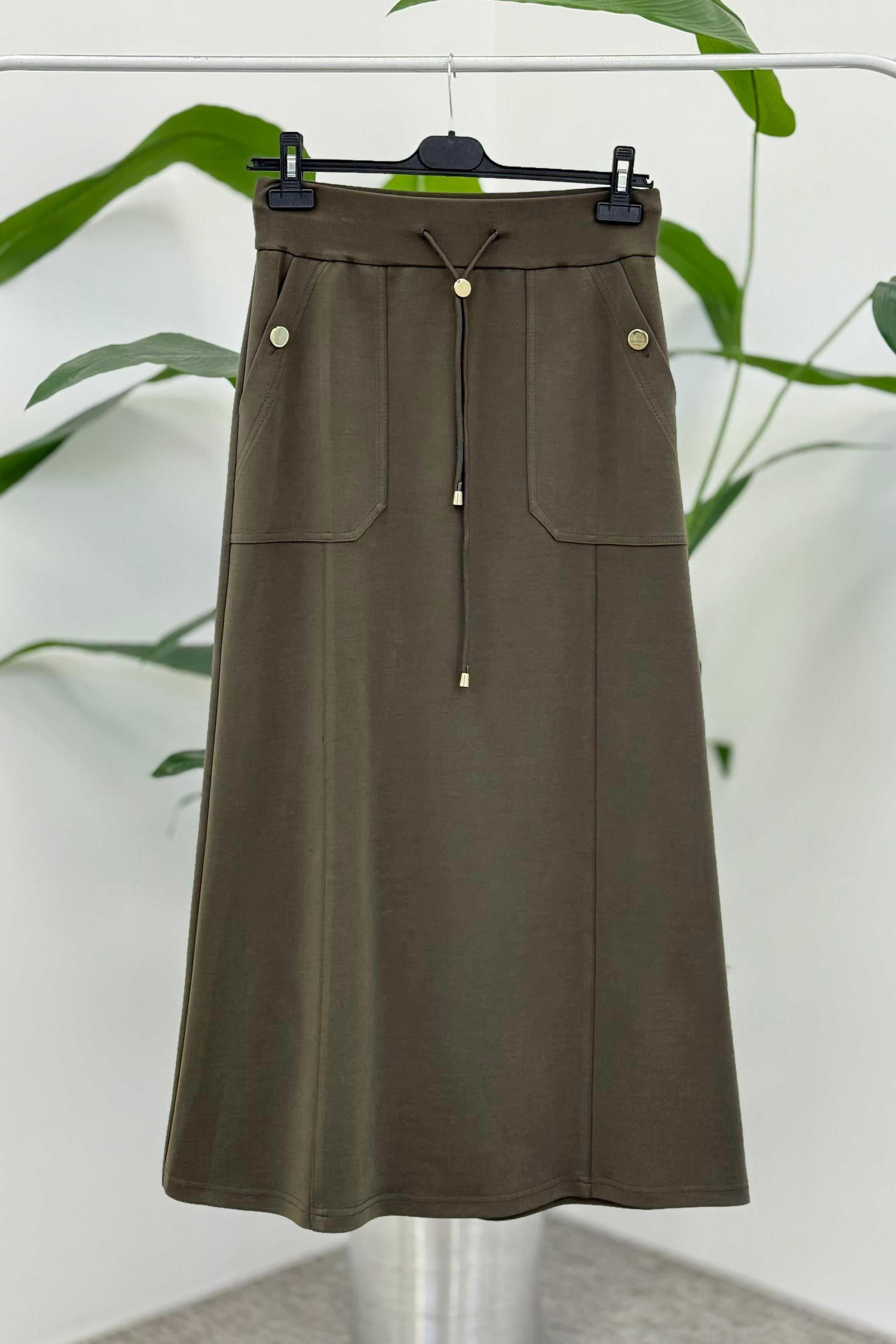 Sentez 5472 Elenna Cep Düğmeli Çan Etek - Haki