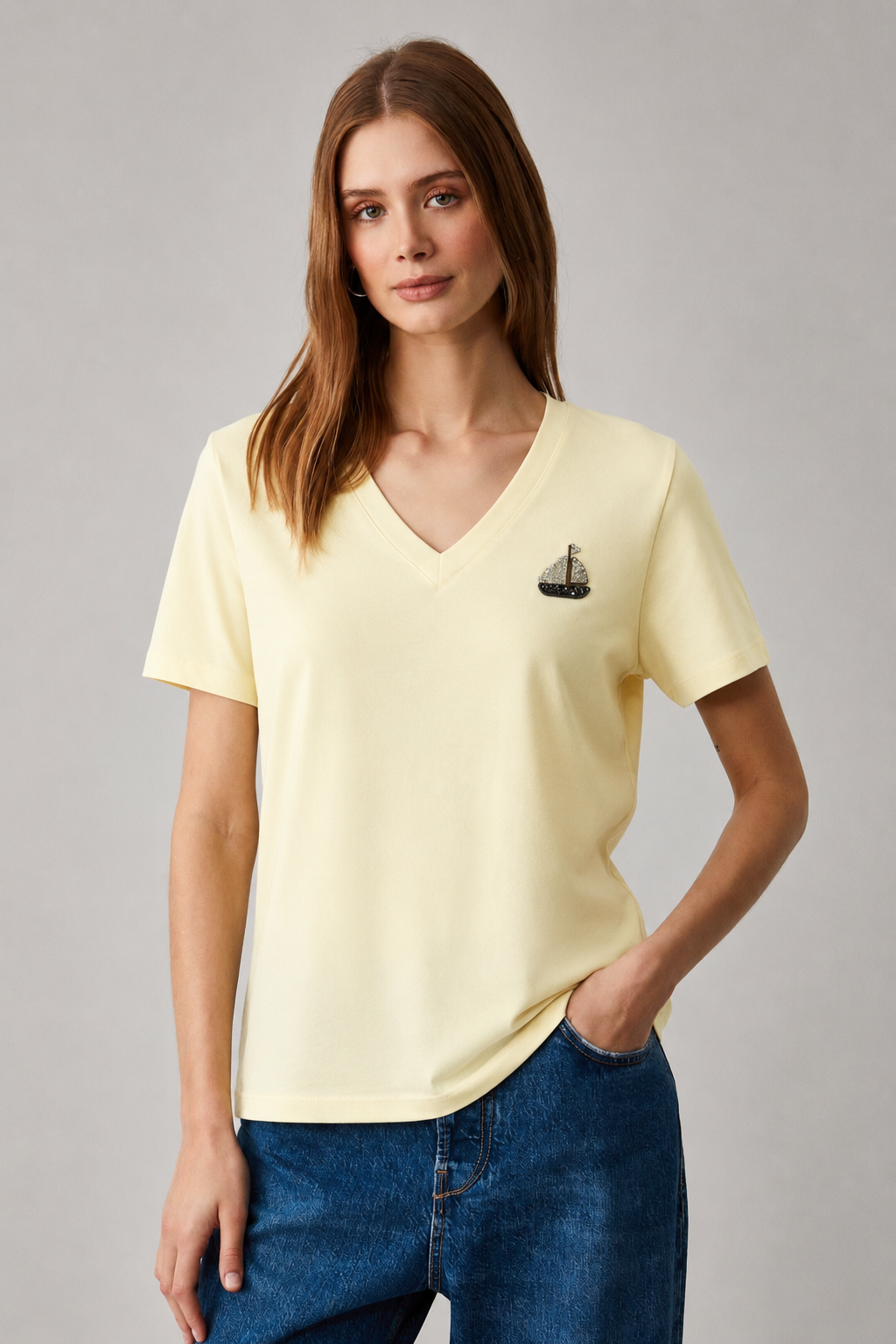 Gemi Aksesuarlı V Yaka Tshirt 4052 - Sarı