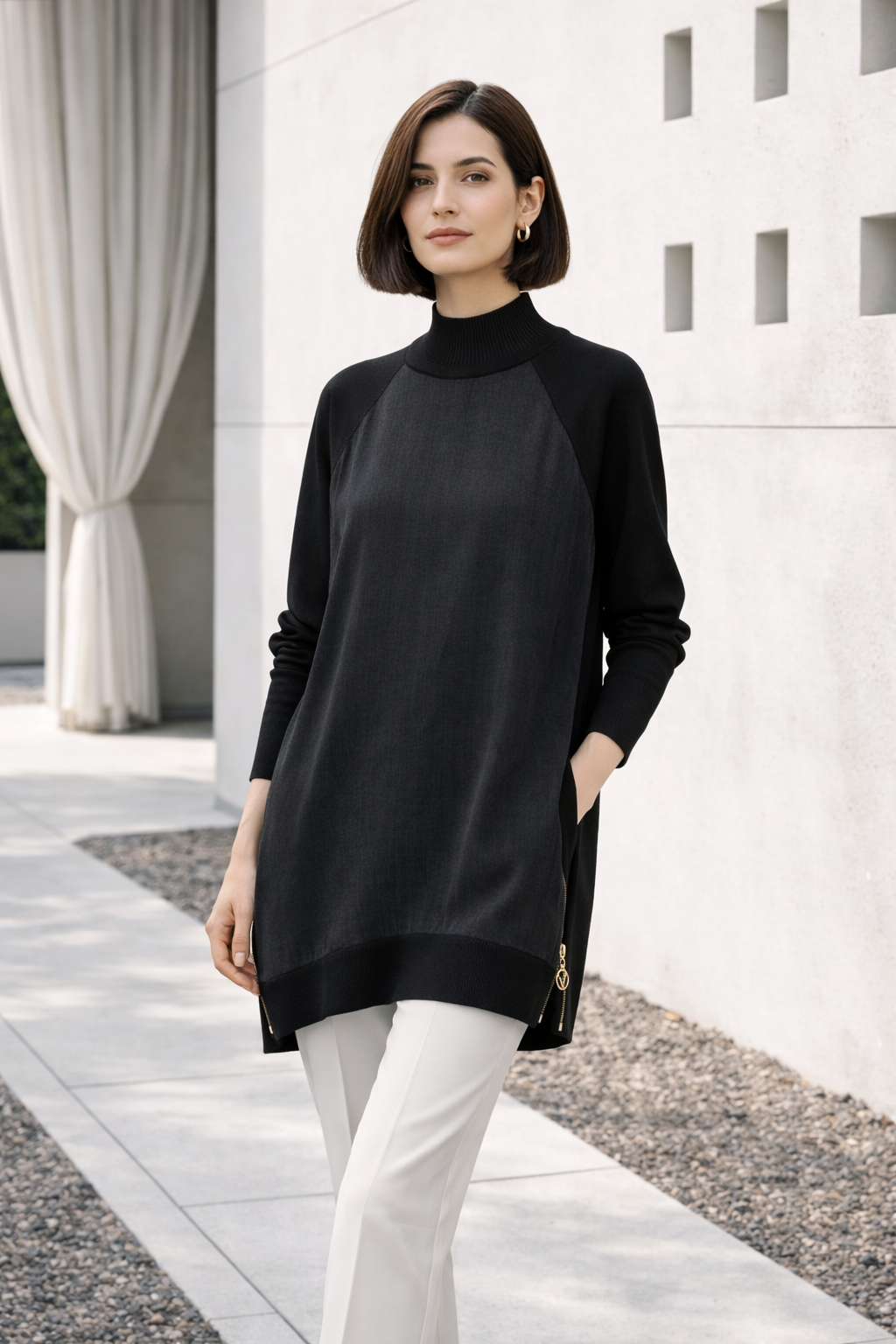 Yan Fermuar Detay Düz Baskılı Qupra Tunik 286 - Siyah