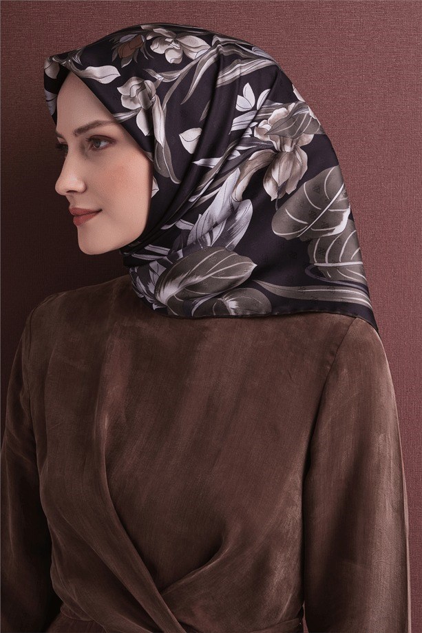 Armine Dj Saf Jakar İpek Eşarp 9608D (J) - Koyu Kahve Eşarp ARMİNE 