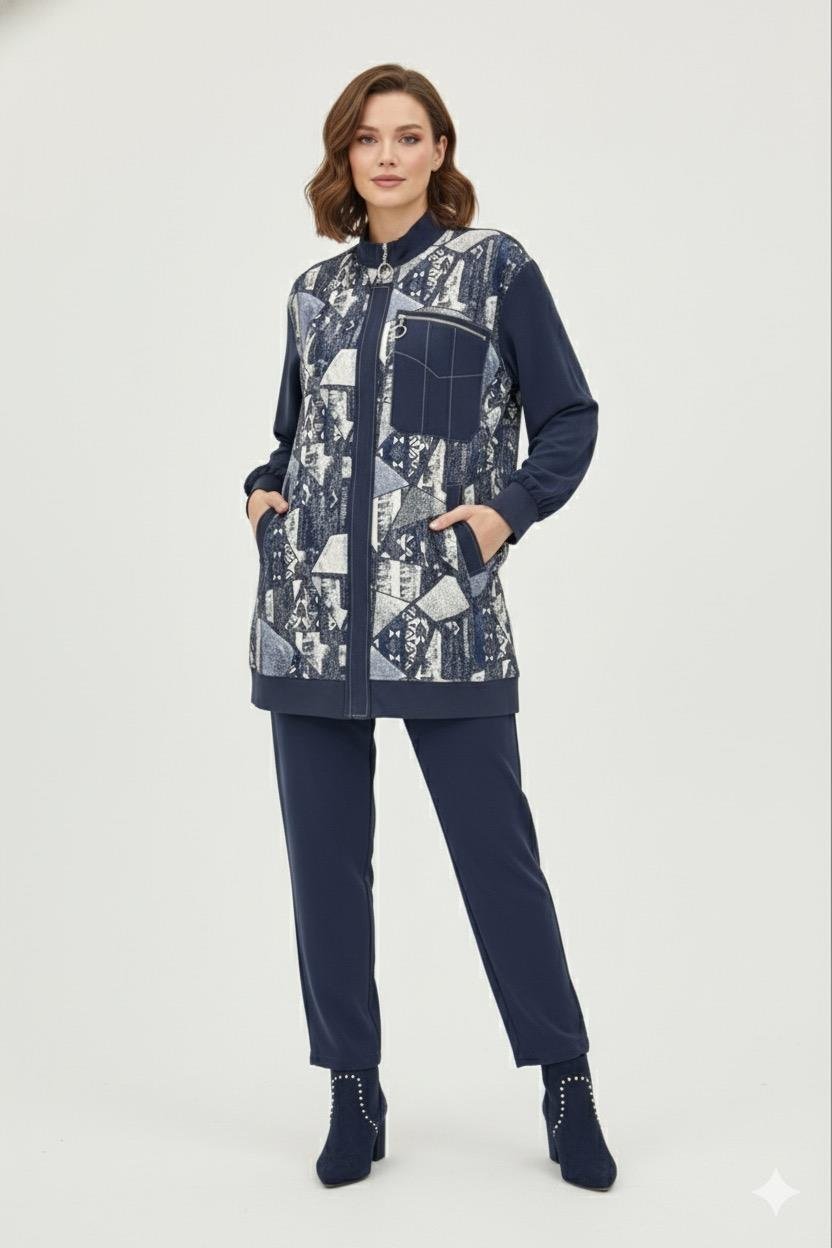 Geometrik Desen Detay Pantolonlu Takım 1407 - Lacivert
