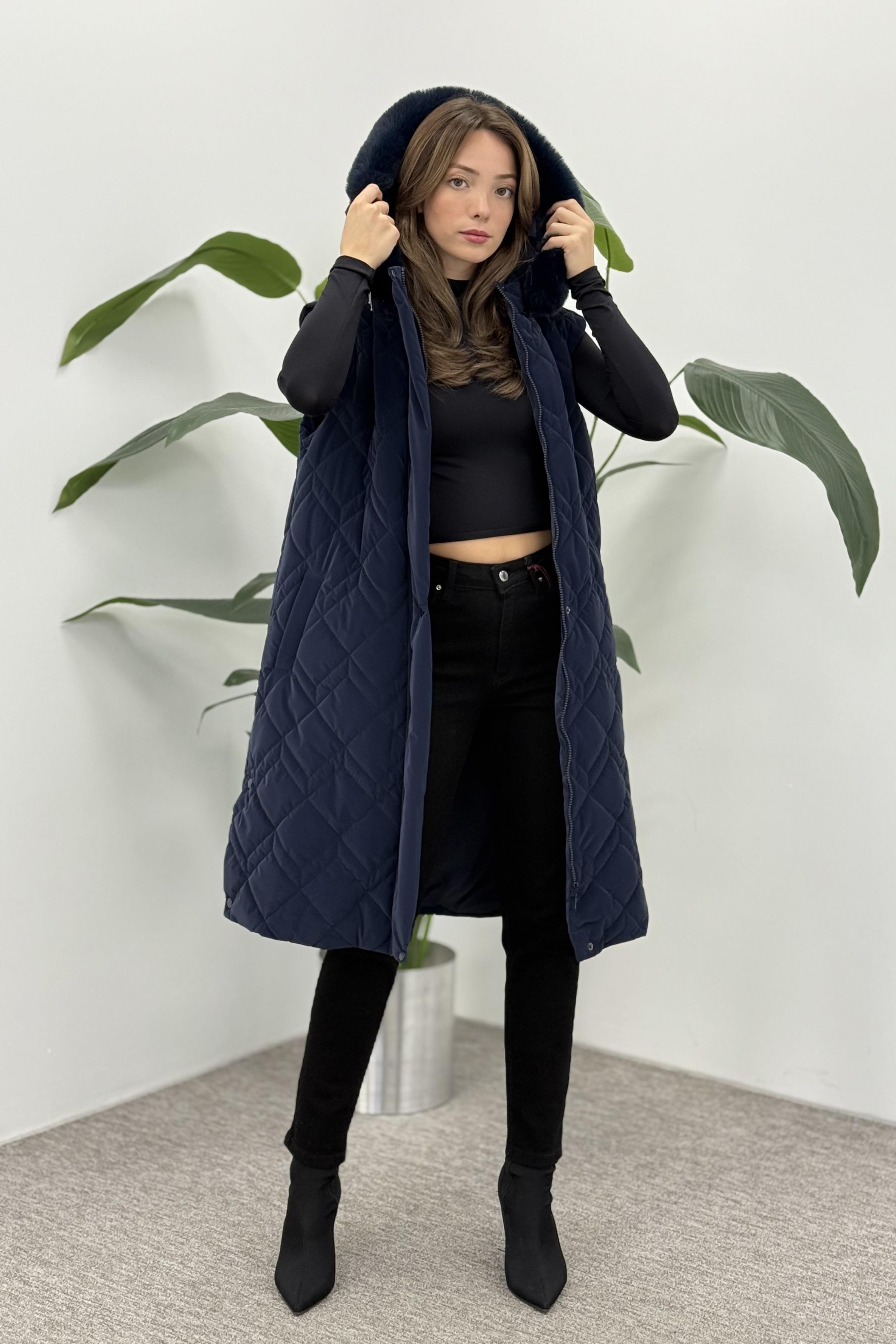 Armine Trend 25KT505 Kürk Kapüşonlu Kapitone Yelek - Lacivert