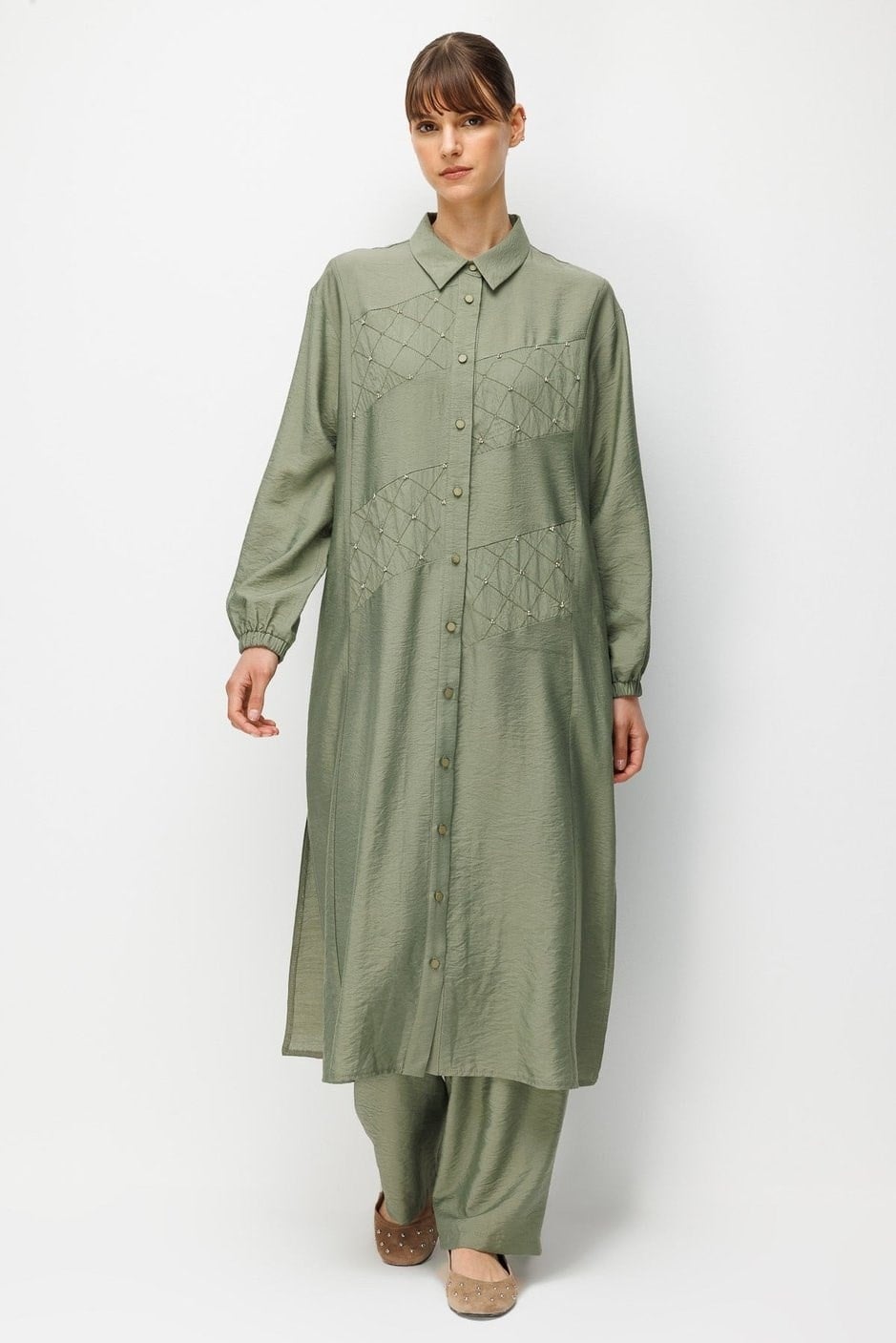 Micca 261864M Elişi Nakış Detaylı Pantalonlu Takım - Haki