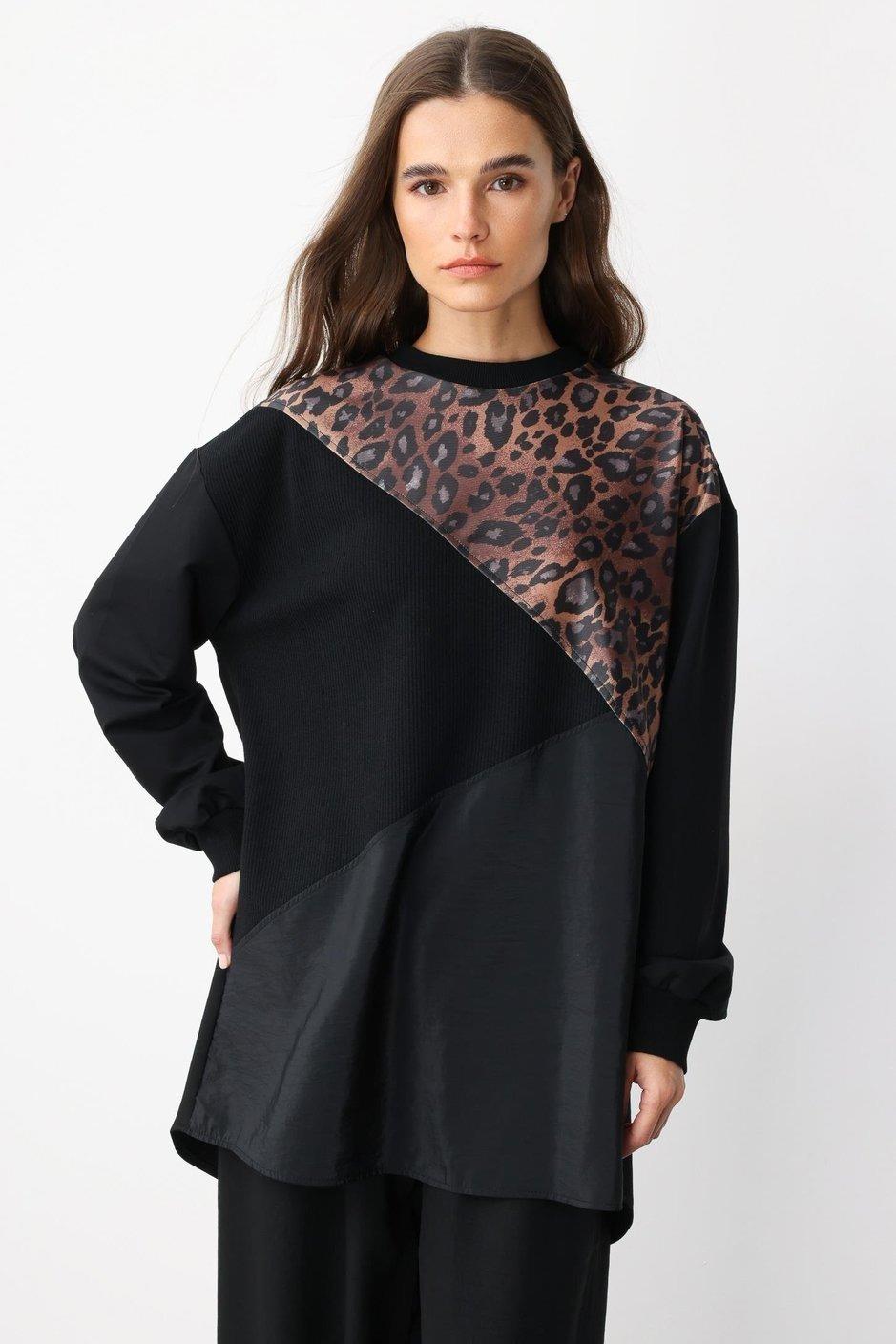 Micca 251607M Leopar Detaylı Tunik - Siyah