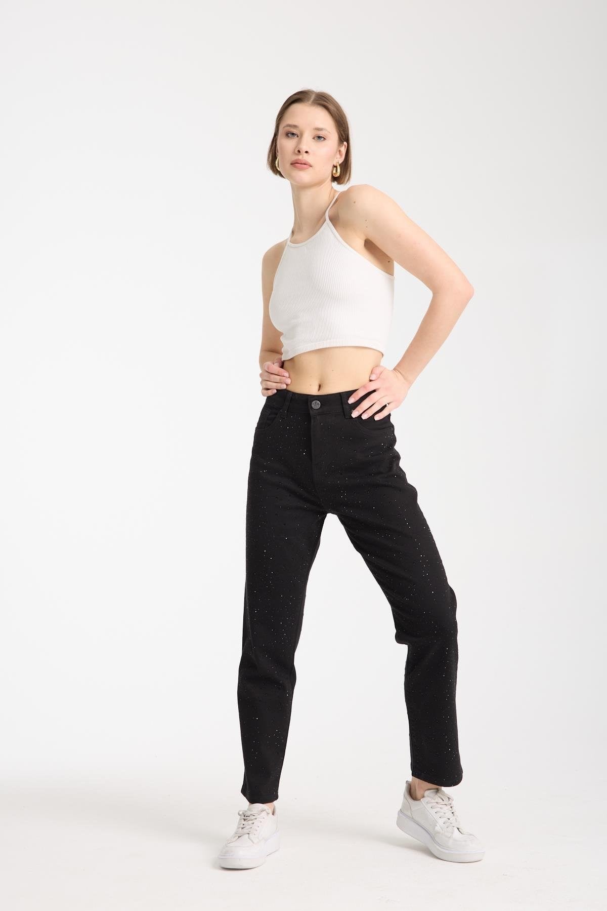 Damla Taş İşlemeli Mom Pantolon 0291-DT - Siyah