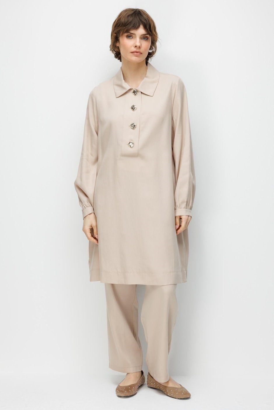 Micca 261831M Düğme Detay Gömlek Yaka Pantolonlu Takım - Taş