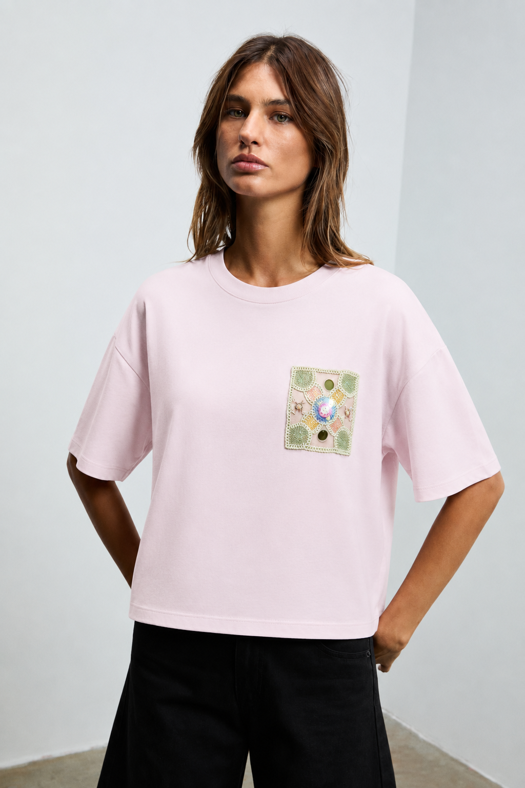 Etnik Dantel İşlemeli Tshirt 4027 - Pembe