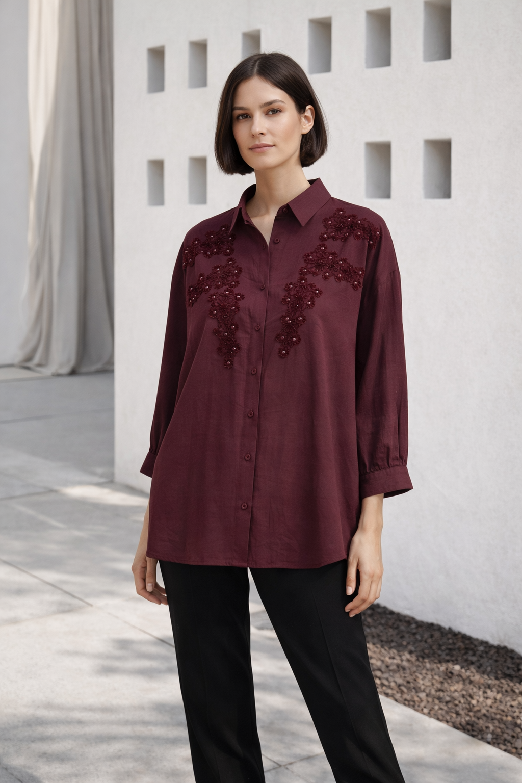 Şık Aplikeli Tunik 260141 - Bordo