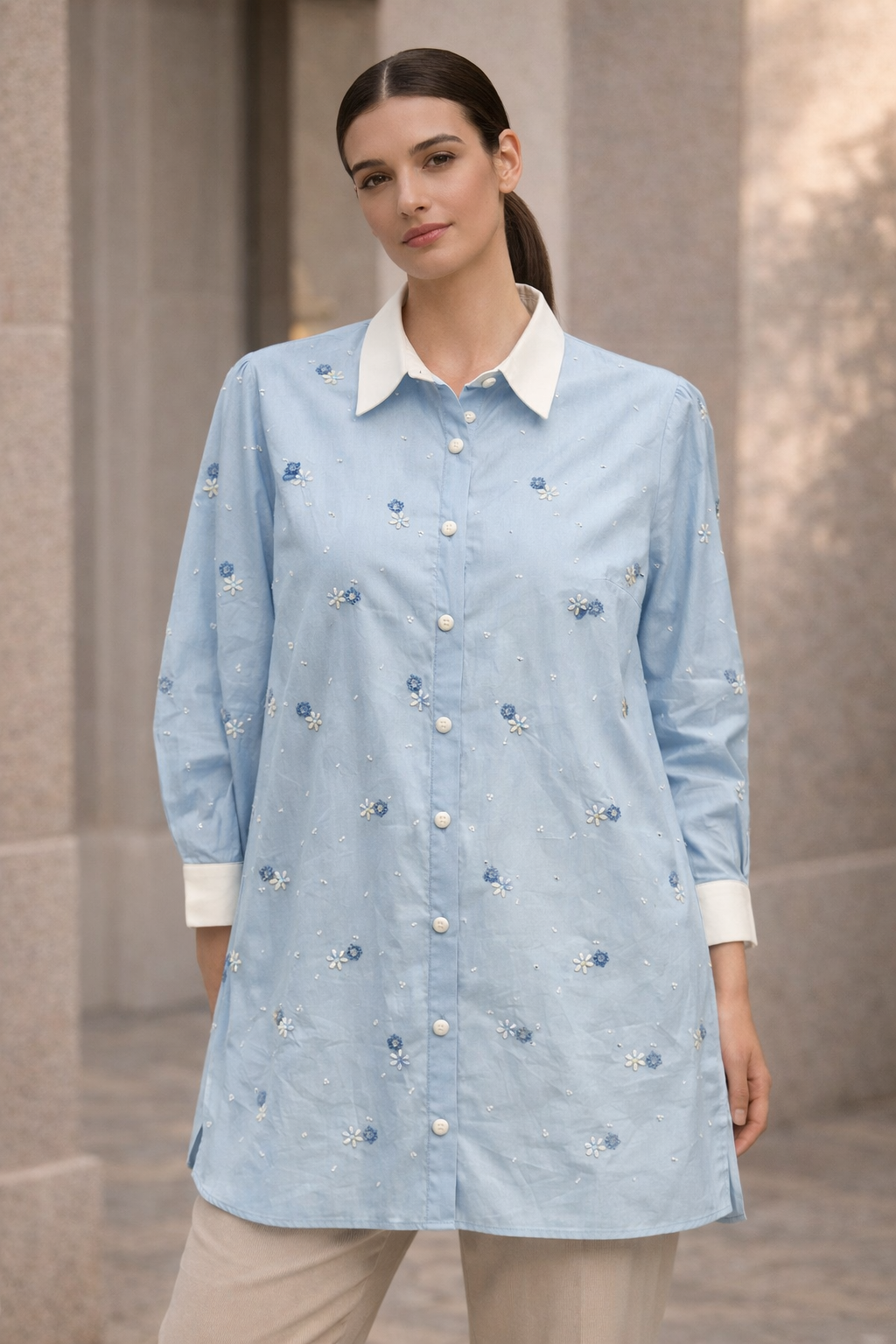 Fuat Gürşen 5332 Taş İşlemeli Gömlek Yaka Tunik - Mavi