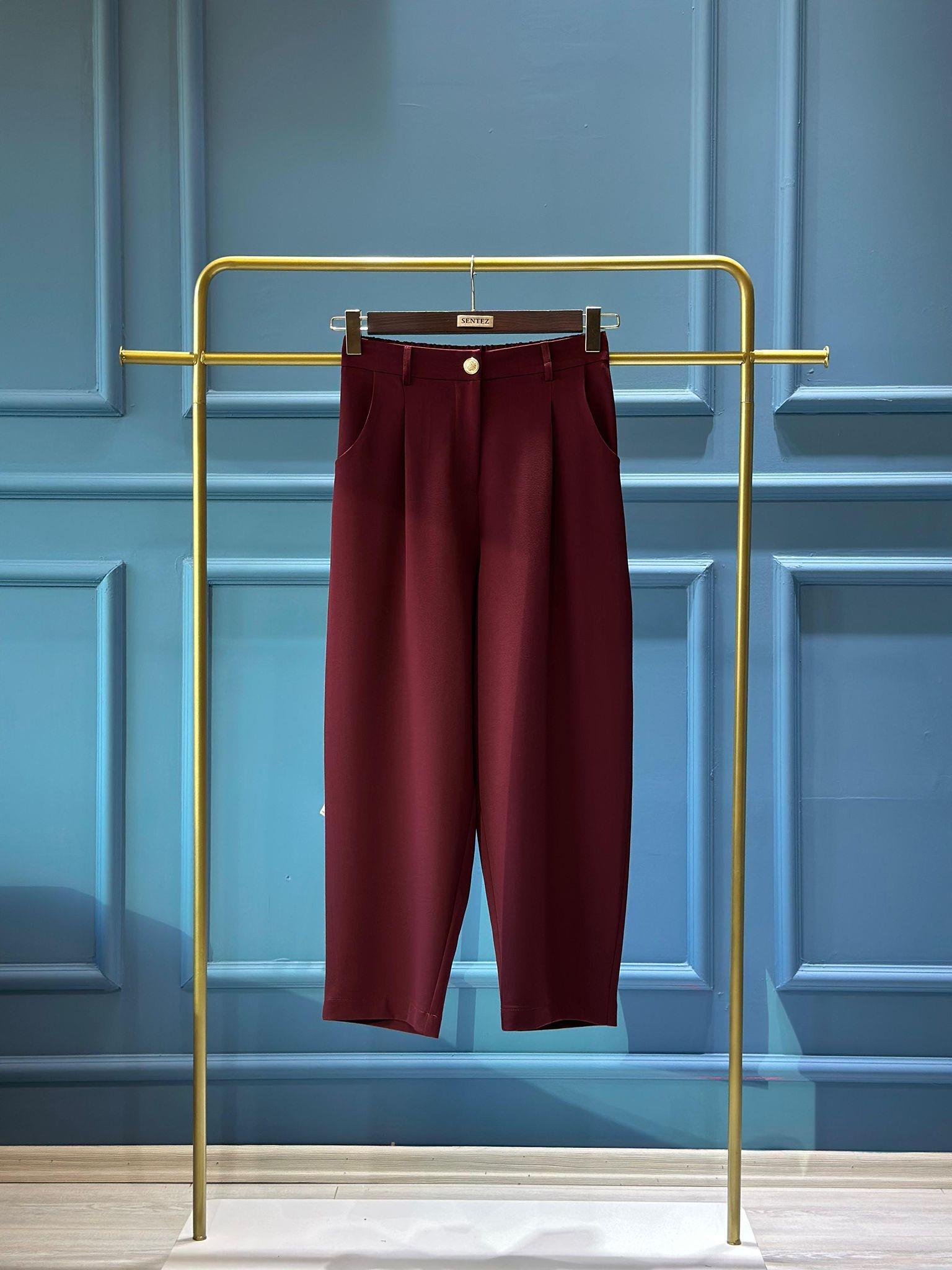 Sentez 5567 Arkası Lastikli Pileli Pantolon - Bordo