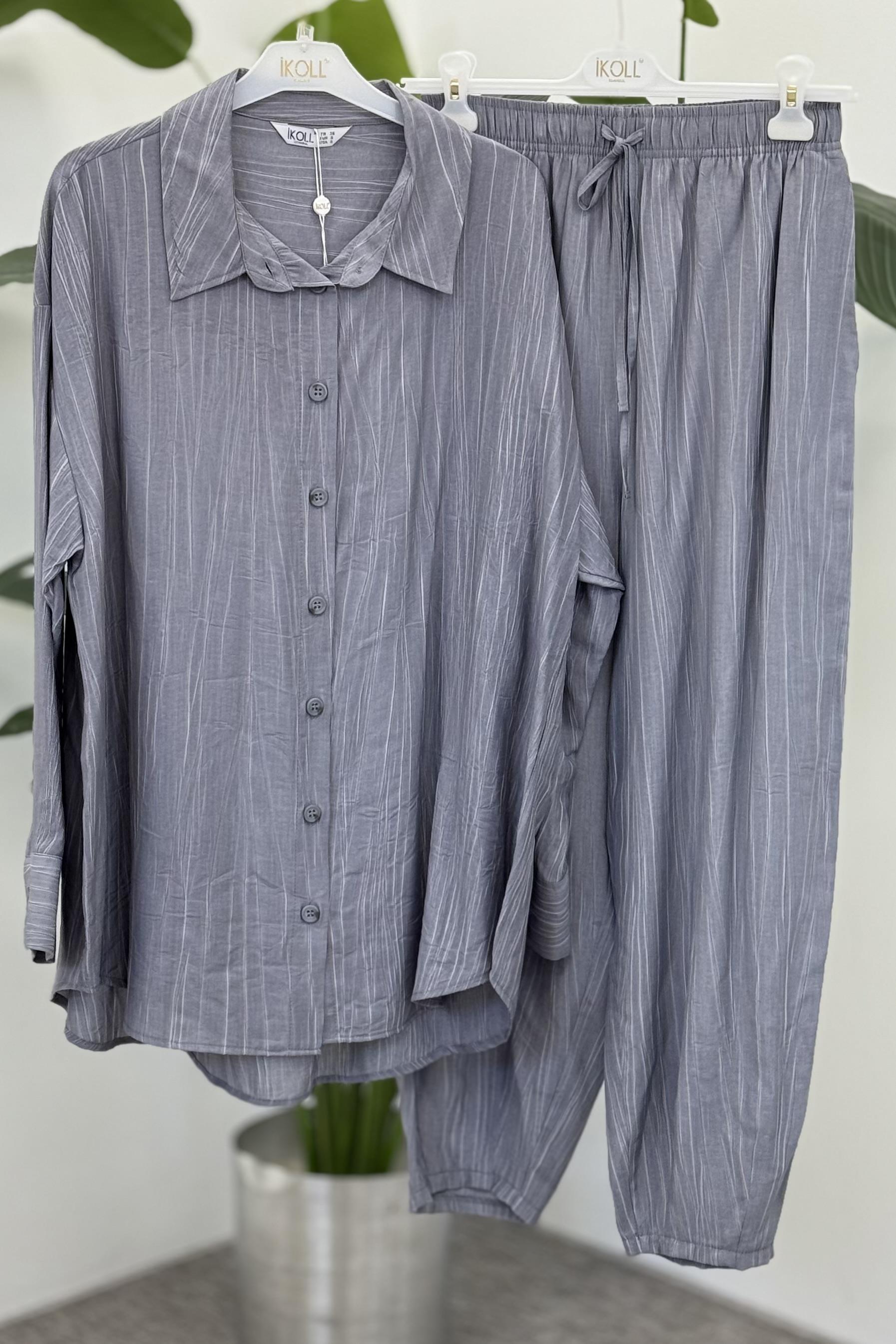 Oversize Gömlekli Konik Pantolonlu Takım 0034236 - Gri