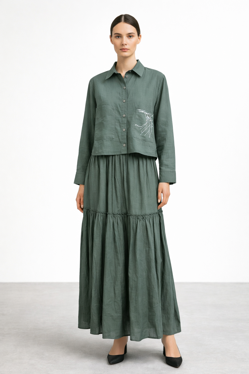 Ceremony 26Y907 Cebi Baskili Eteği Kraşli Takım - Zümrüt