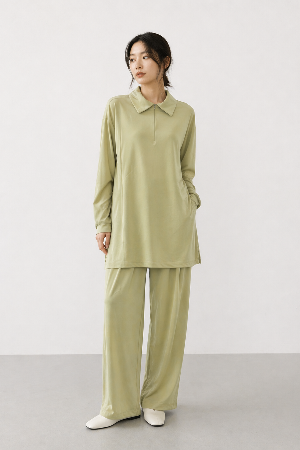 Gömlek Yaka Fermuar Detay Pantolonlu Takım 14445 - Mint Yeşili