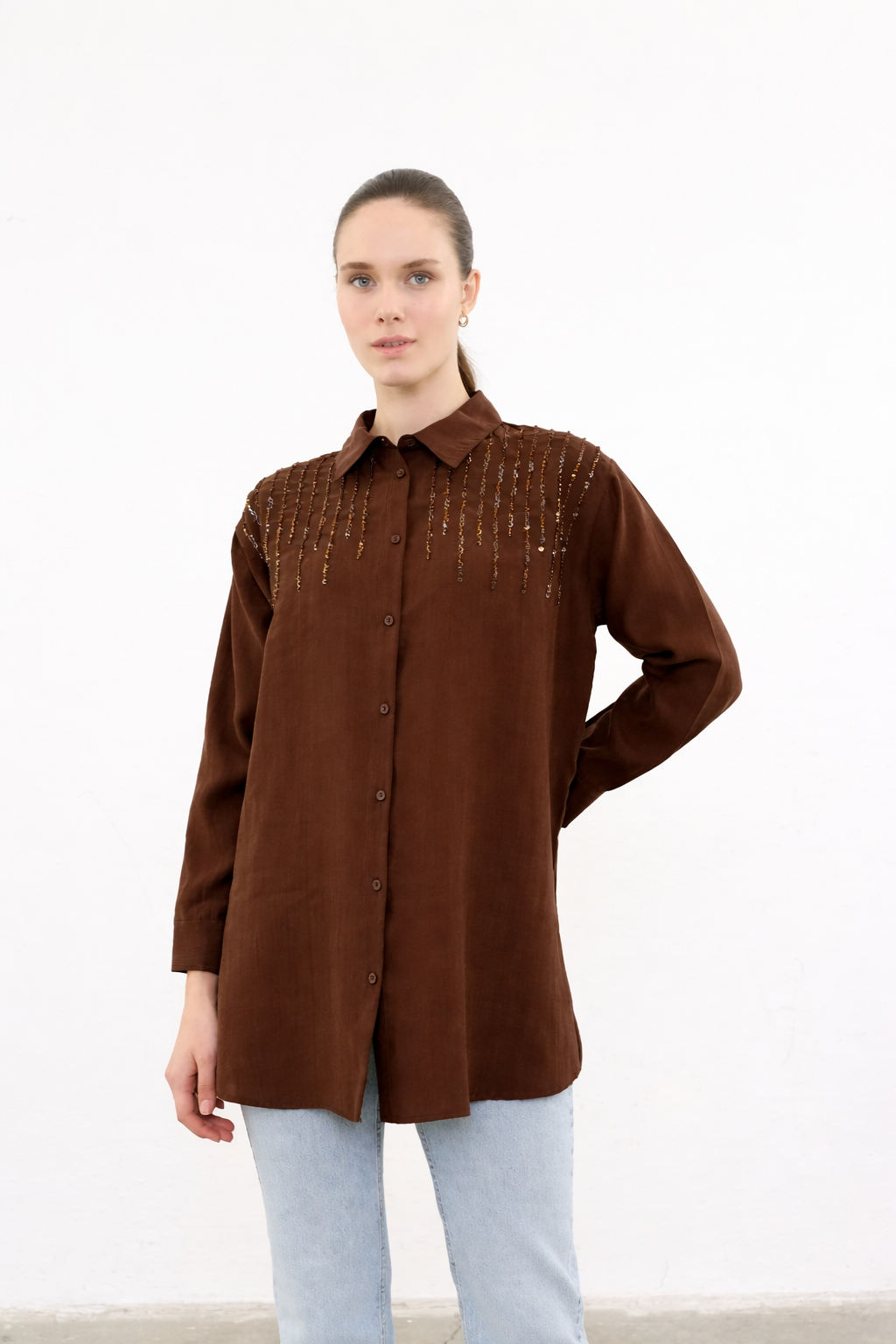 Sıralı Boncuk İşlemeli Tunik 3272 - Acı Kahve
