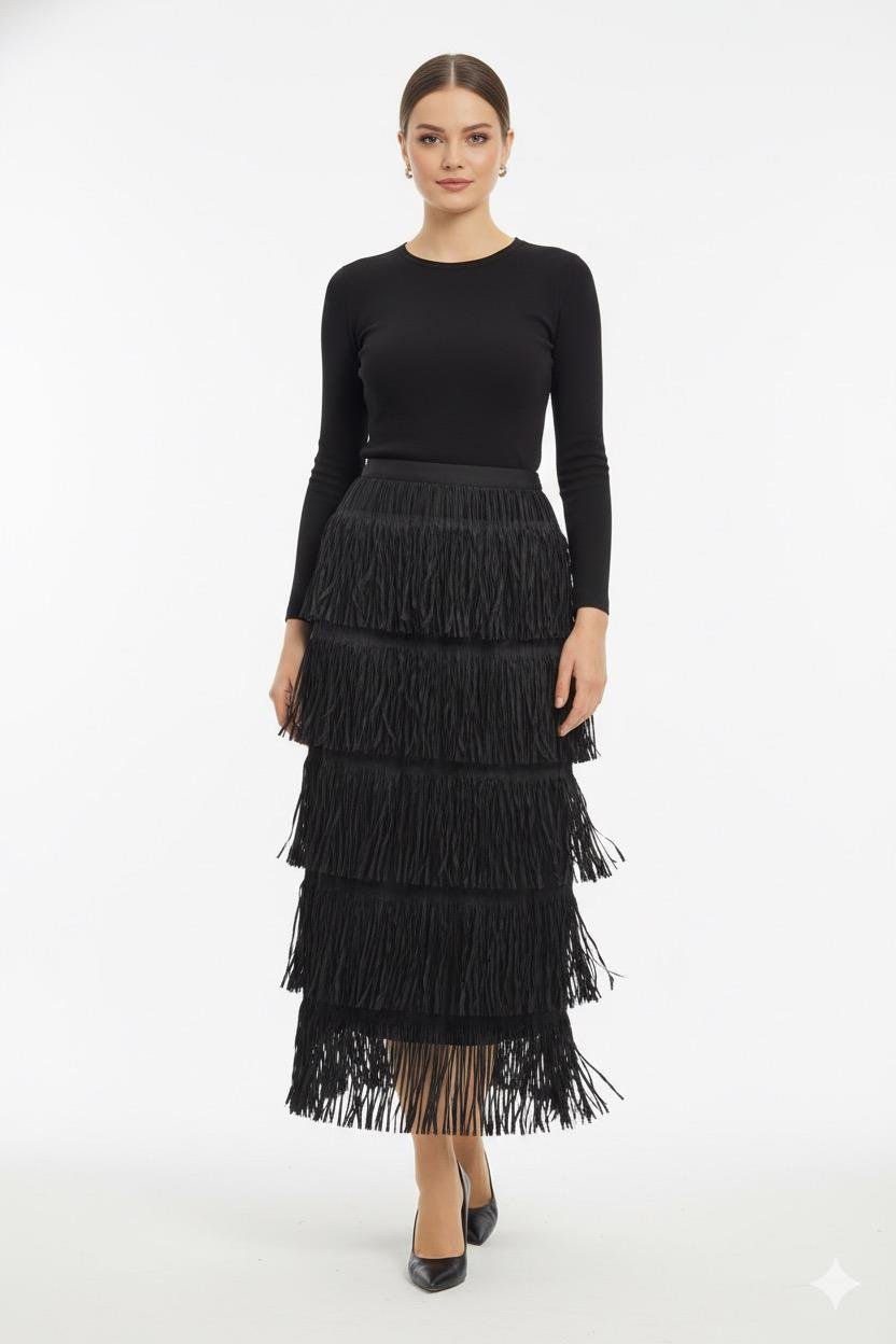 Püskül Detay Beli Lastikli Etek - Siyah