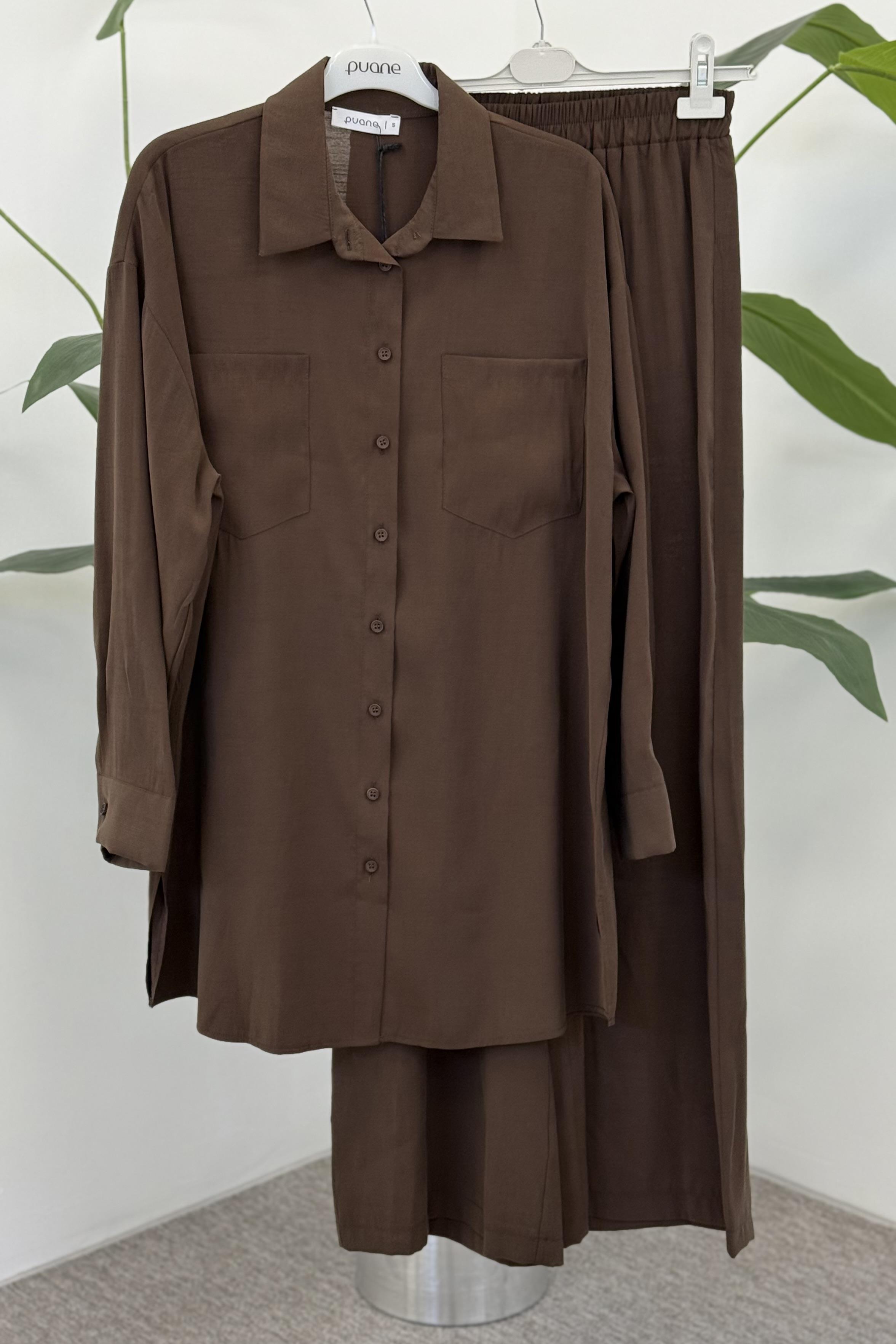 Çizgi Detaylı Düğmeli Pantolonlu Takım 14353 - Browni