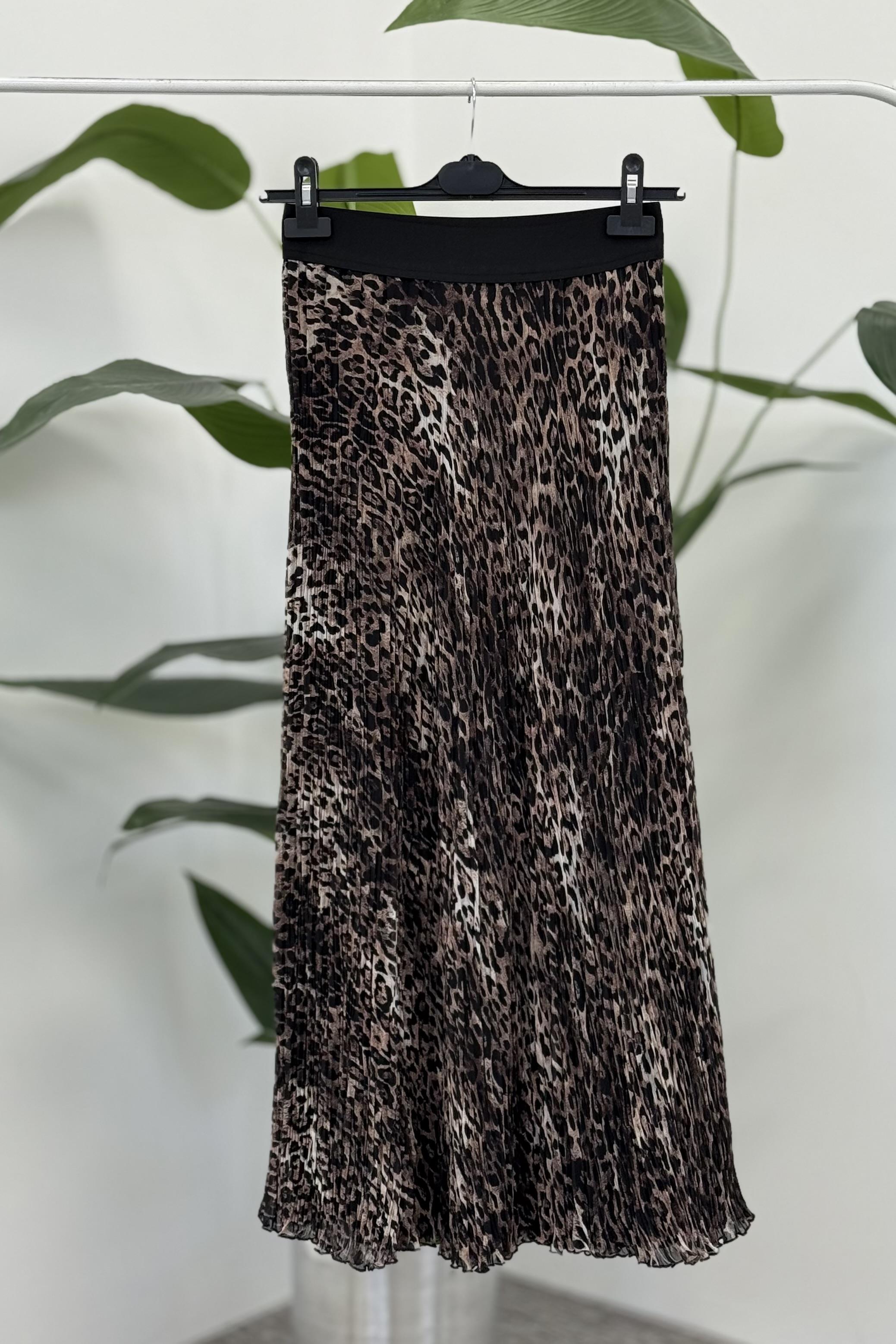 Sentez 5432 Şifon Kırıştırma Etek - Leopar - Kahve