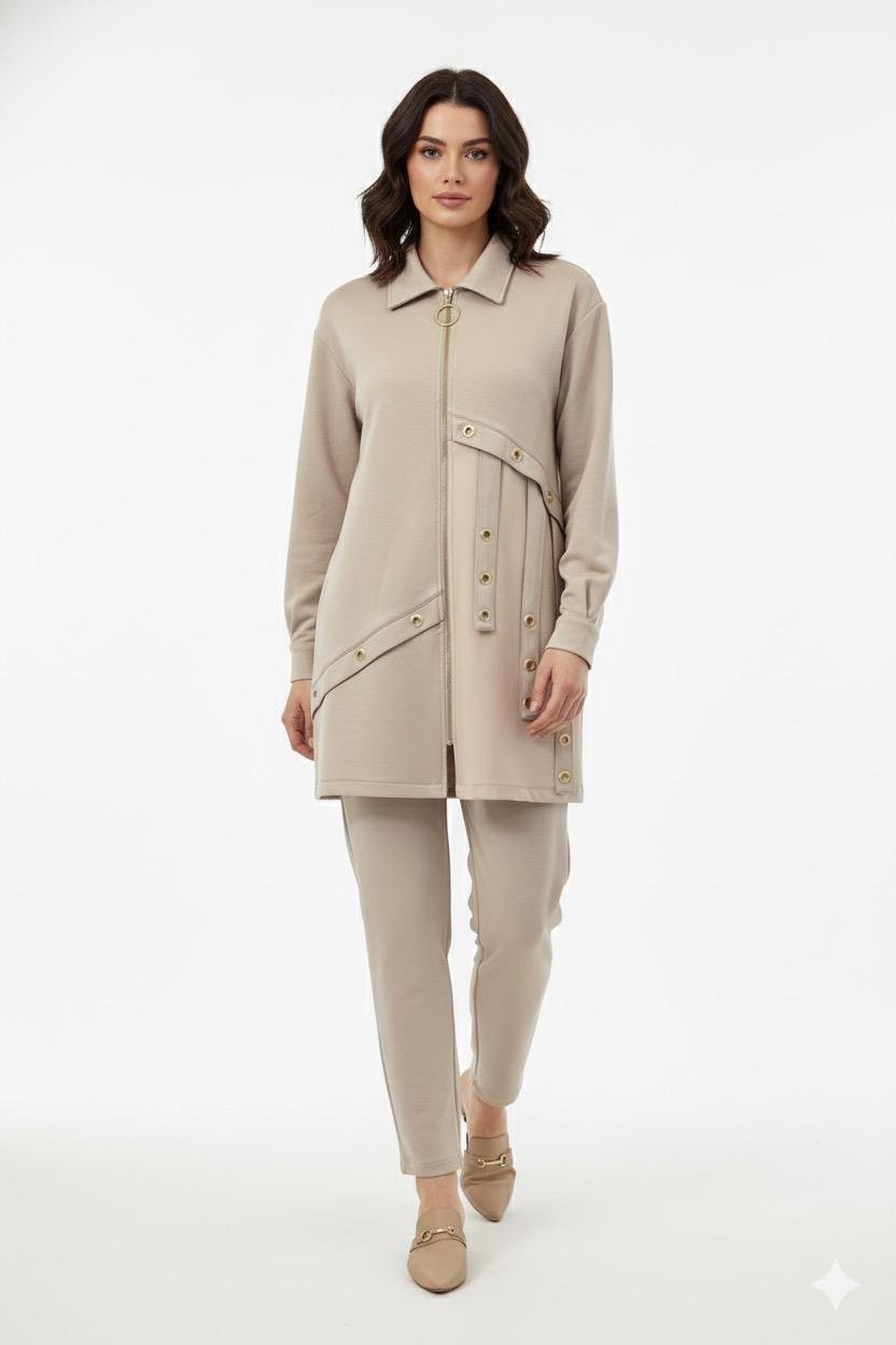 Deri ve Kuş Gözü Detay Pantolonlu Takım 1423 - Bej