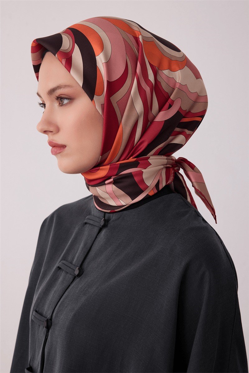 Belli 4414 Dalga Katmanları Soyut %100 Twill İpek Eşarp Pembe Eşarp BELLI 