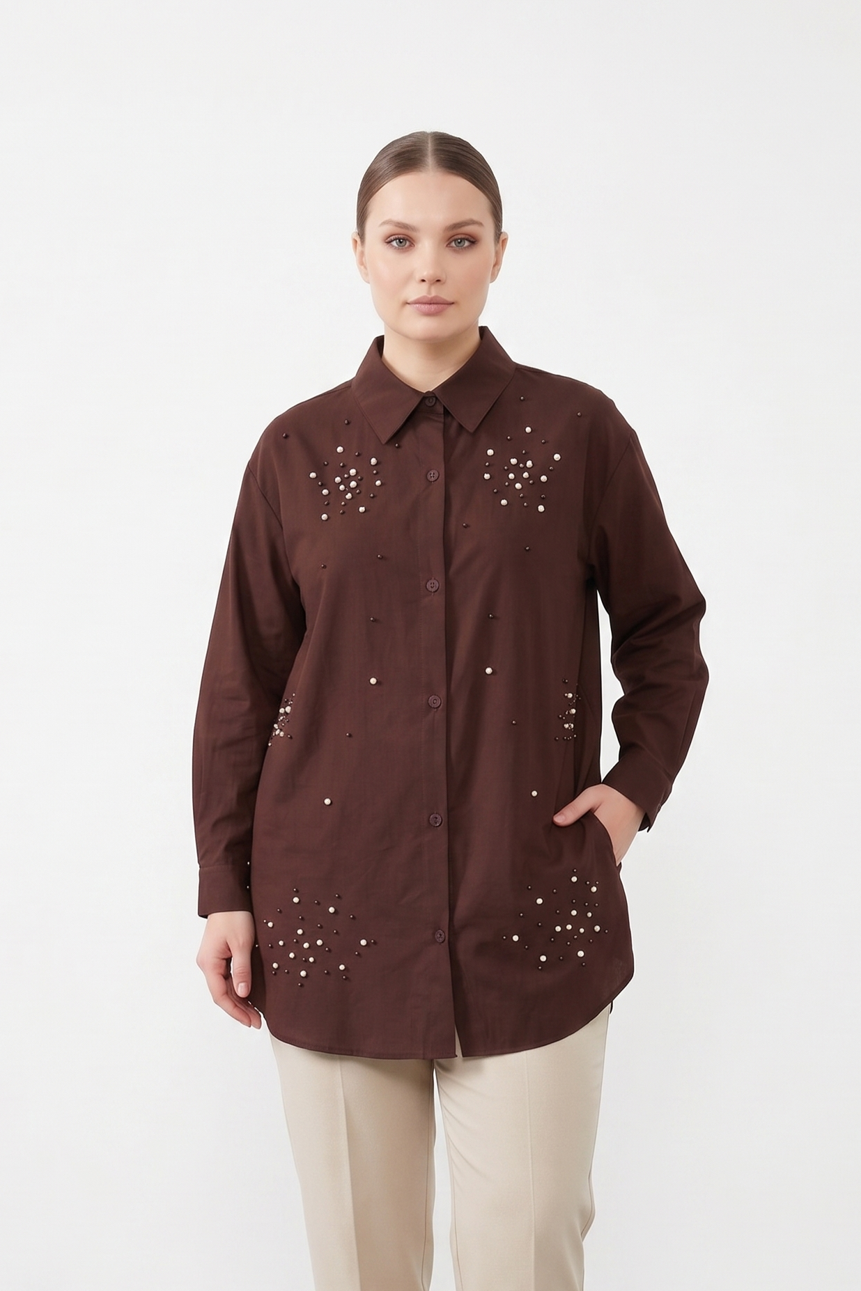 Taş ve Boncuk İşlemeli Büyük Beden Tunik 19261 - Browni