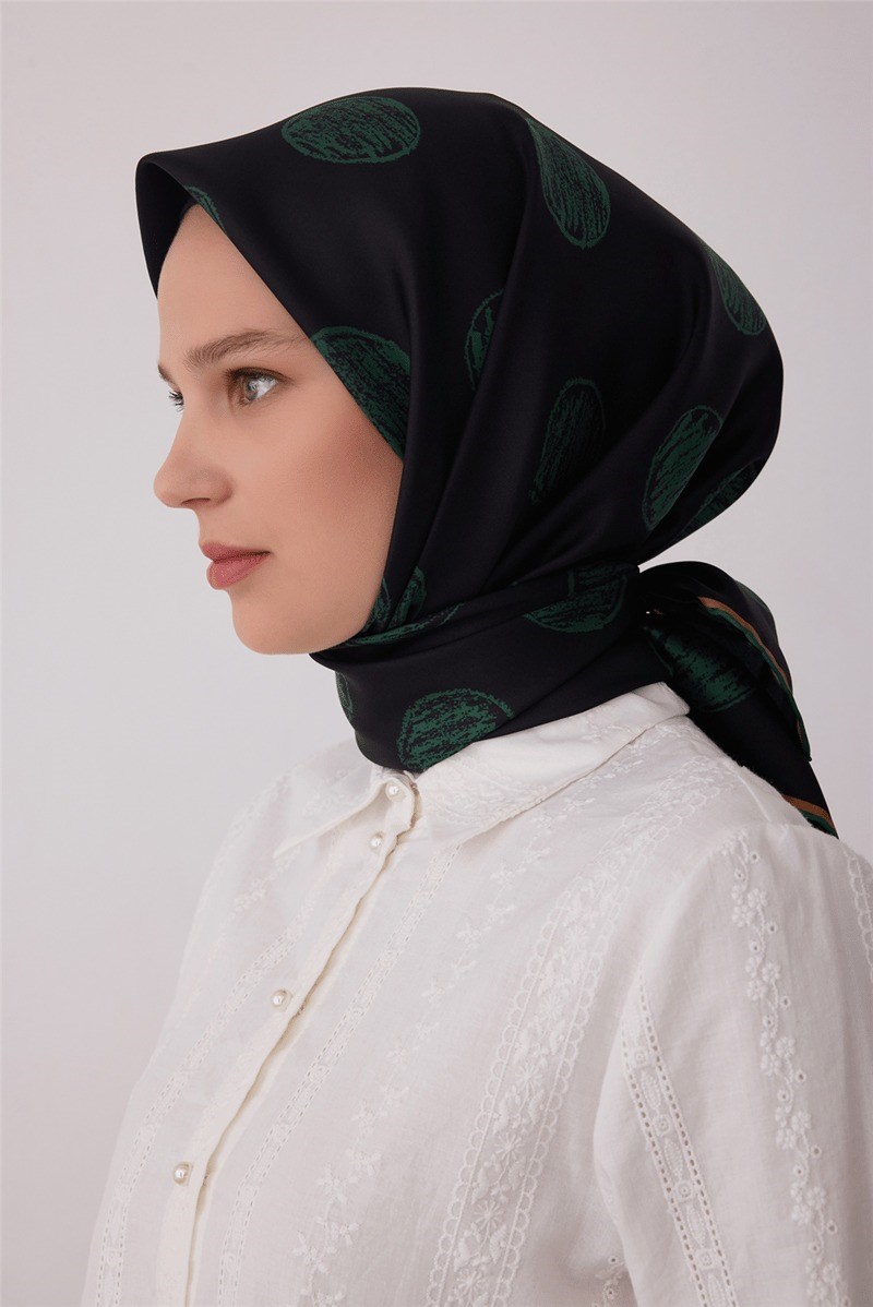 Belli 4427 Optik Kareler Geometrik %100 Twill İpek Eşarp - Siyah - Yeşil Eşarp BELLI 