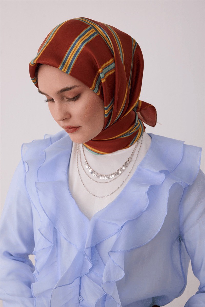 Belli 4405 Zincir Halkalar Geometrik %100 Twill İpek Eşarp - Kiremit Eşarp BELLI 