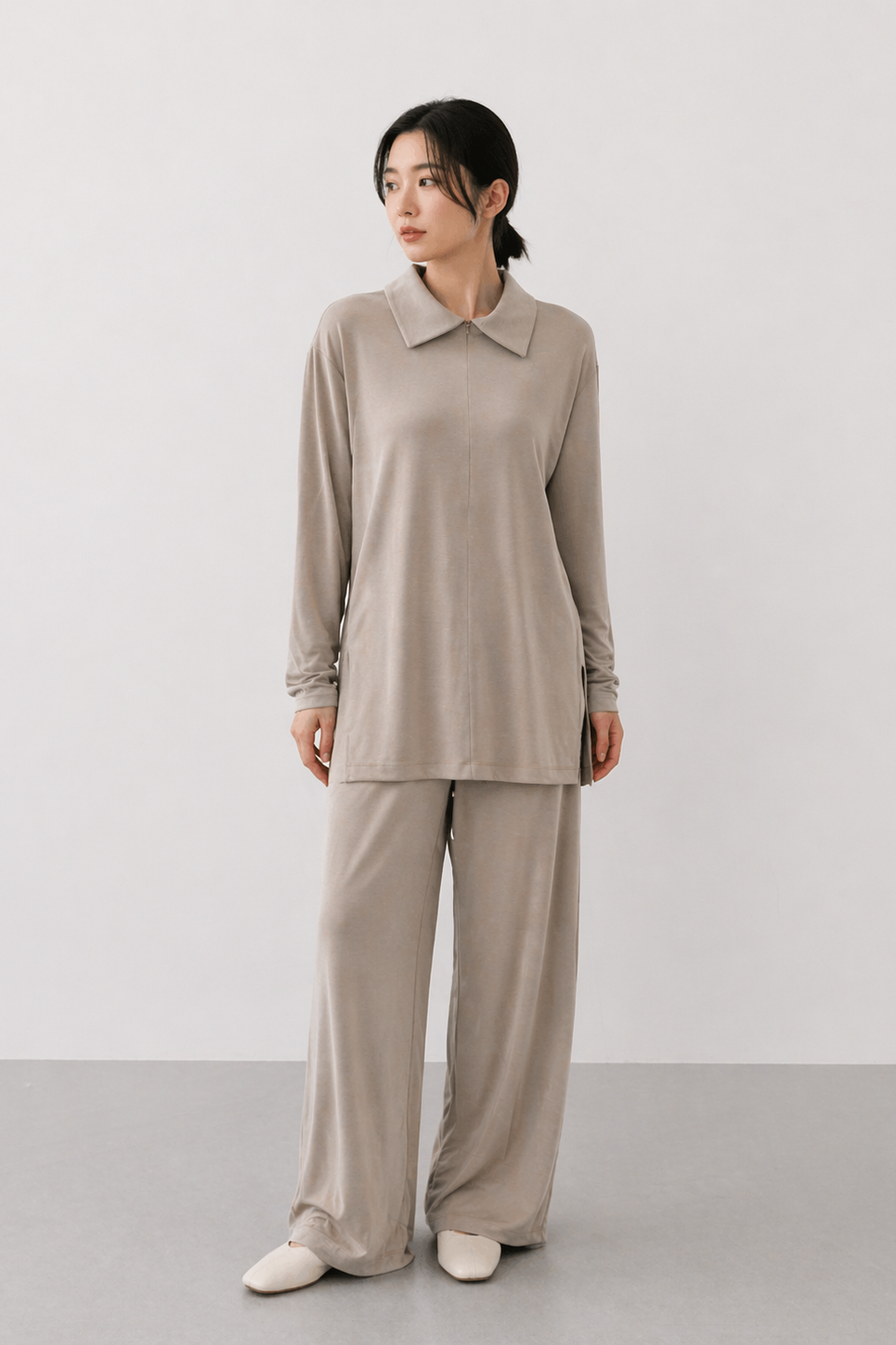 Gömlek Yaka Fermuar Detay Pantolonlu Takım 14445 - Vizon