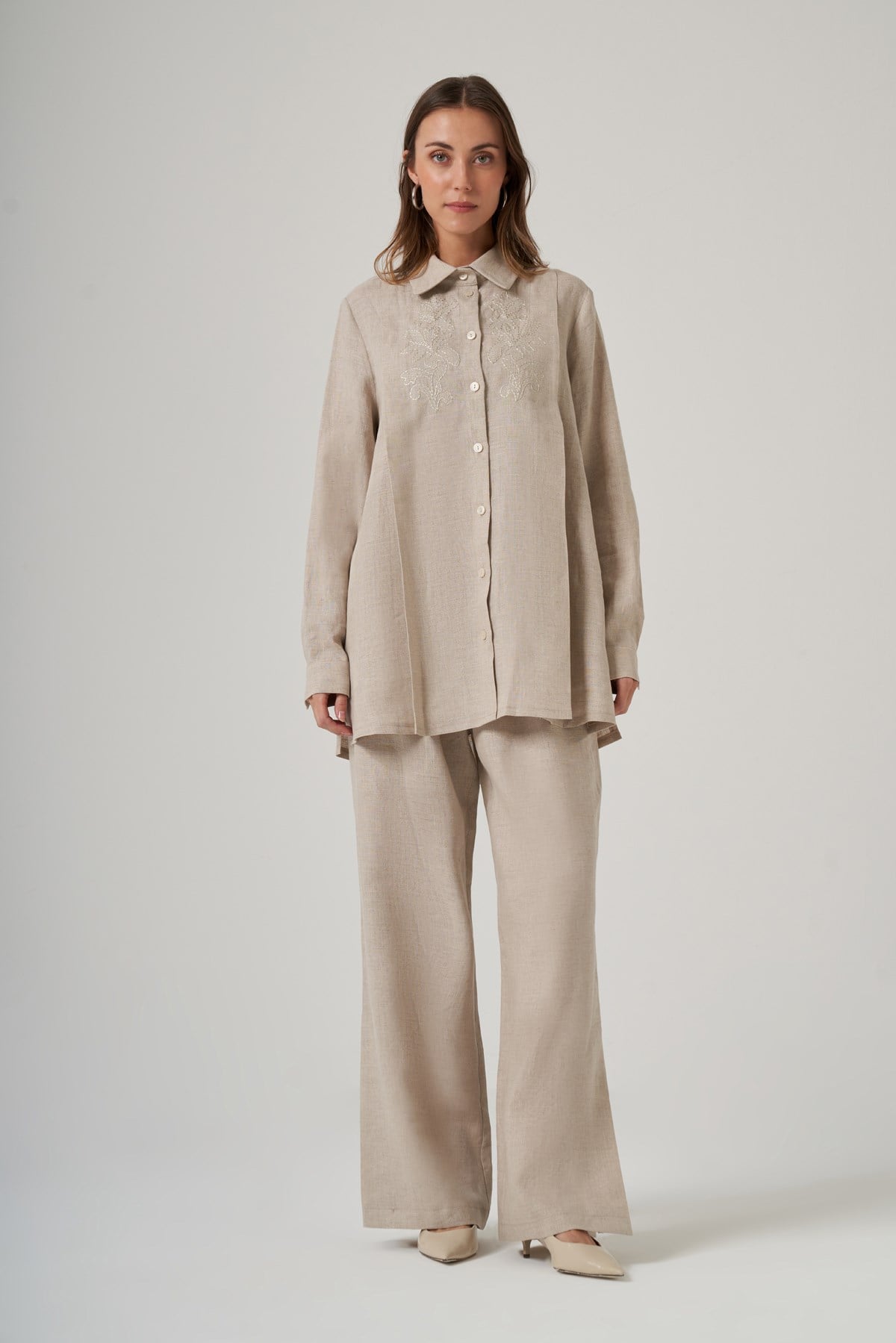Nuss 1073 Nakış İşlemeli Keten PantolonluTakım - Naturel