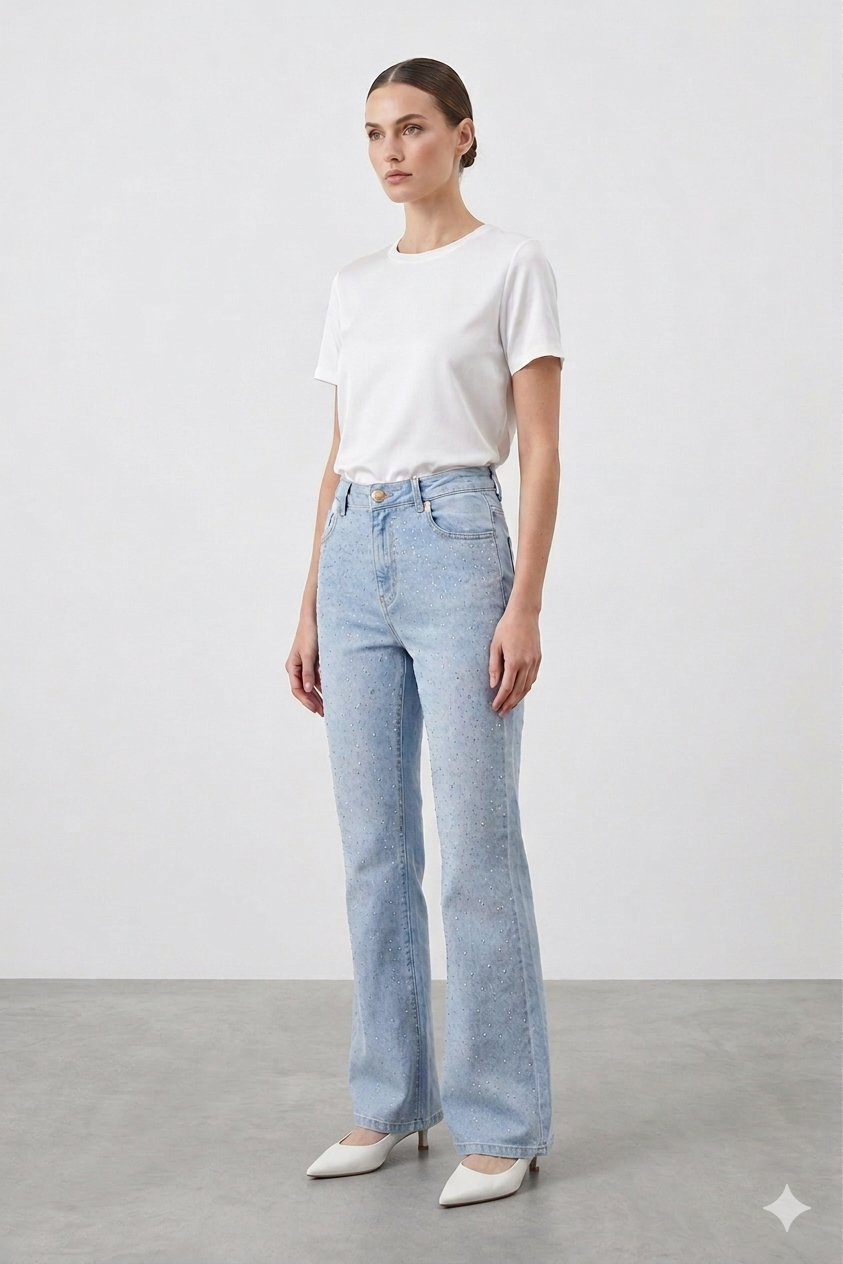 İspanyol Paça Damla Taş İşlemeli Pantolon 4000-DT - Açık Mavi