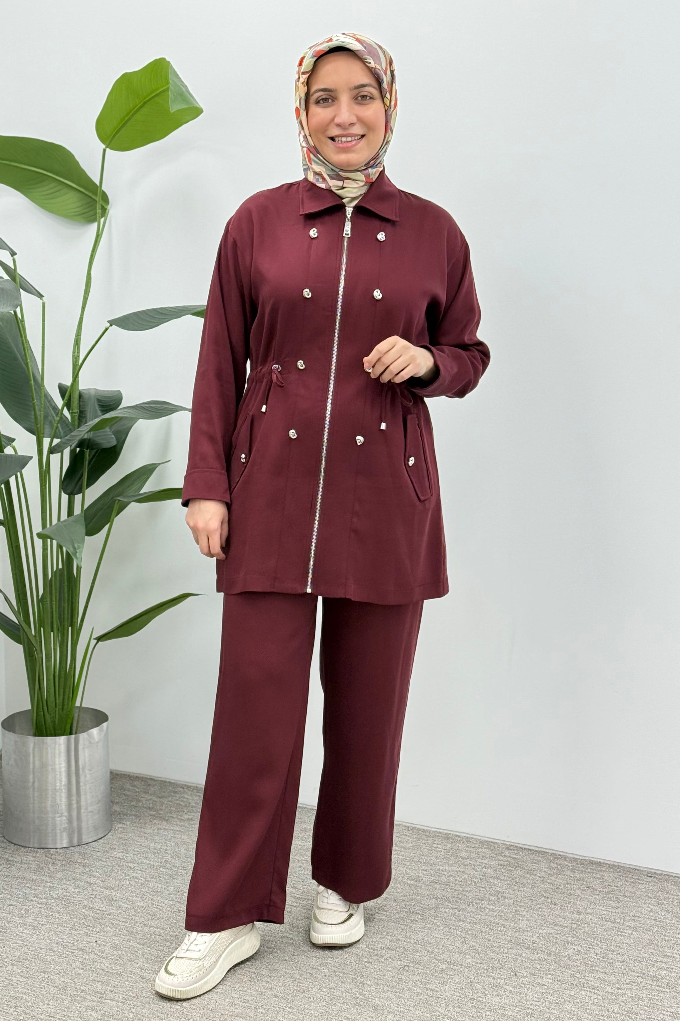 Bel Büzgü Detaylı Pantolonlu Takım 1515 - Bordo