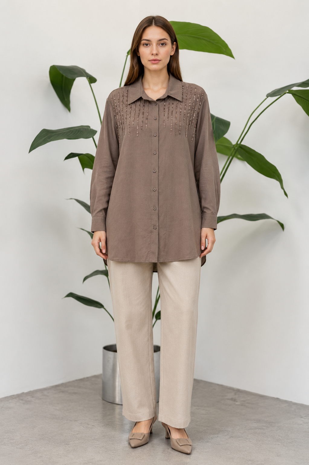 Omuzu Boncuk Detaylı Tunik 10794 - Vizon