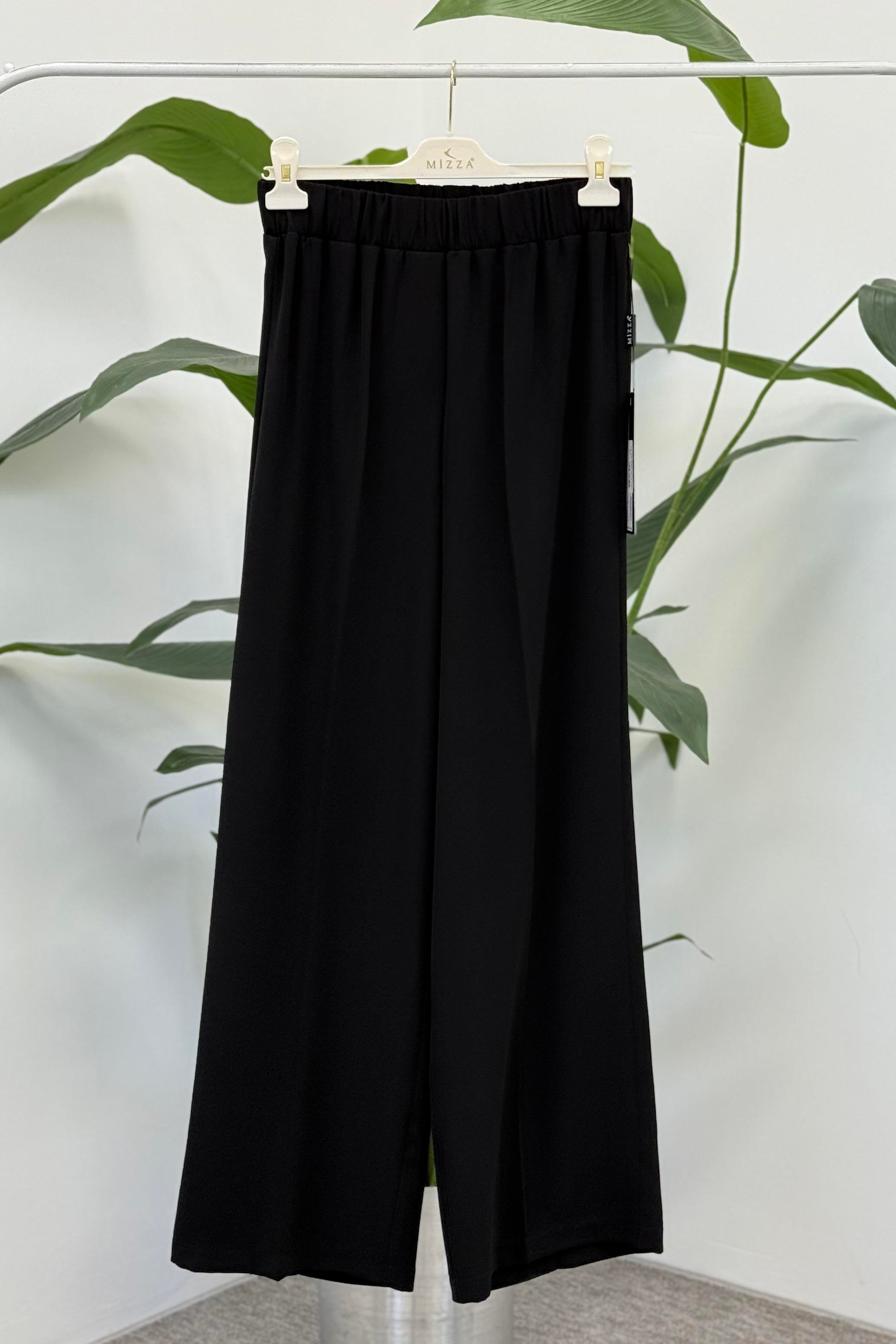 Beli Lastikli Bol Paça Krep Pantolon 1017 - Siyah