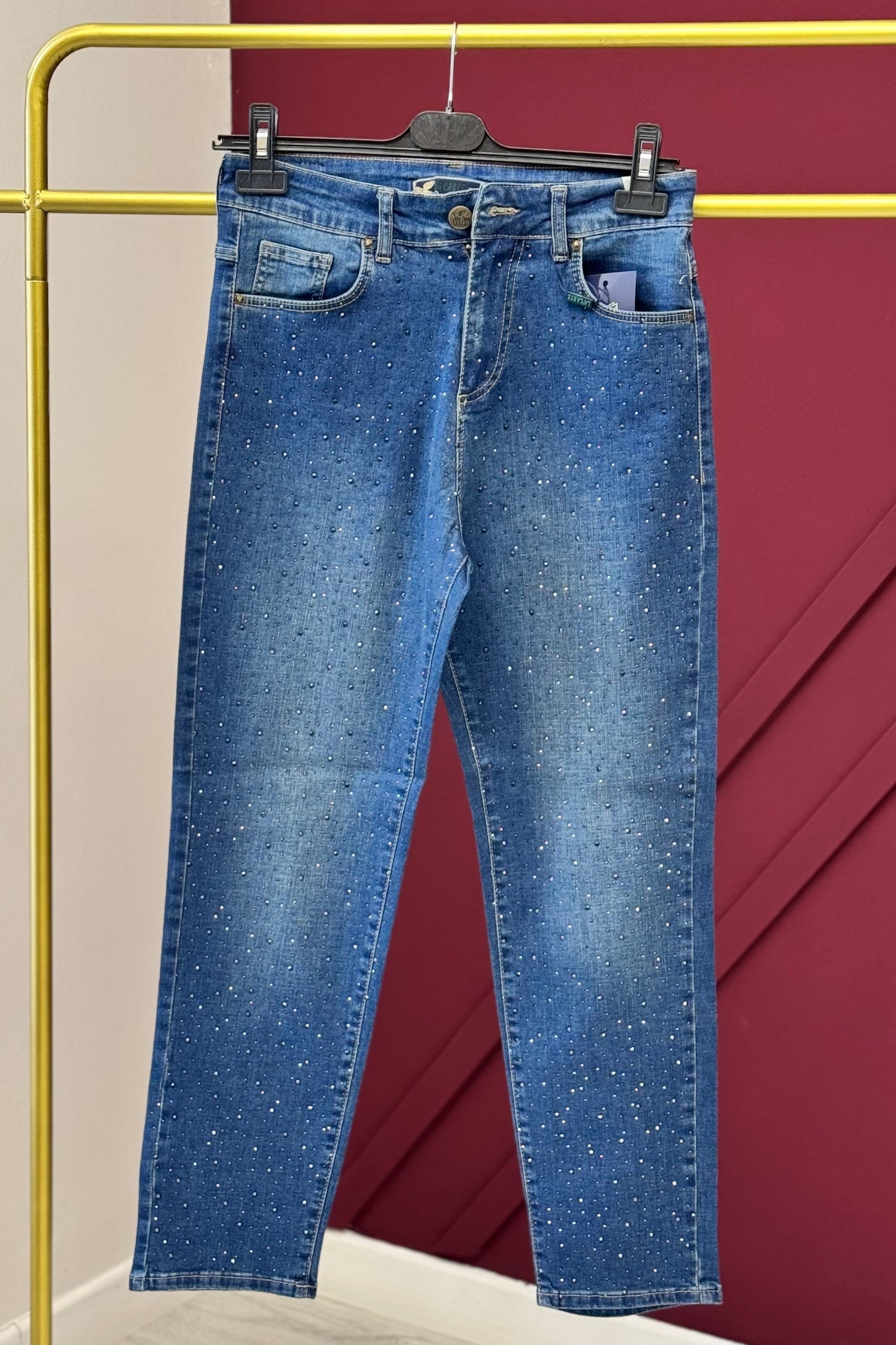 Damla Taş İşlemeli Mom Pantolon 0291-DT - Mavi