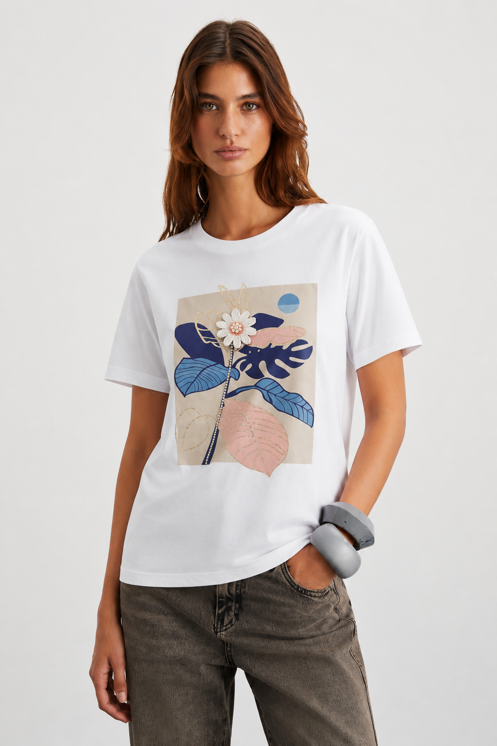 Papatyası İnci İşlemeli Tshirt 4035 - Beyaz