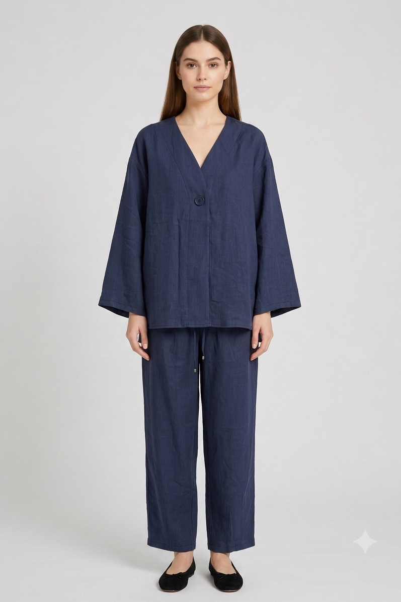Düğmeli Kimono Detaylı Pantolonlu Takım 32538 - F.Navy