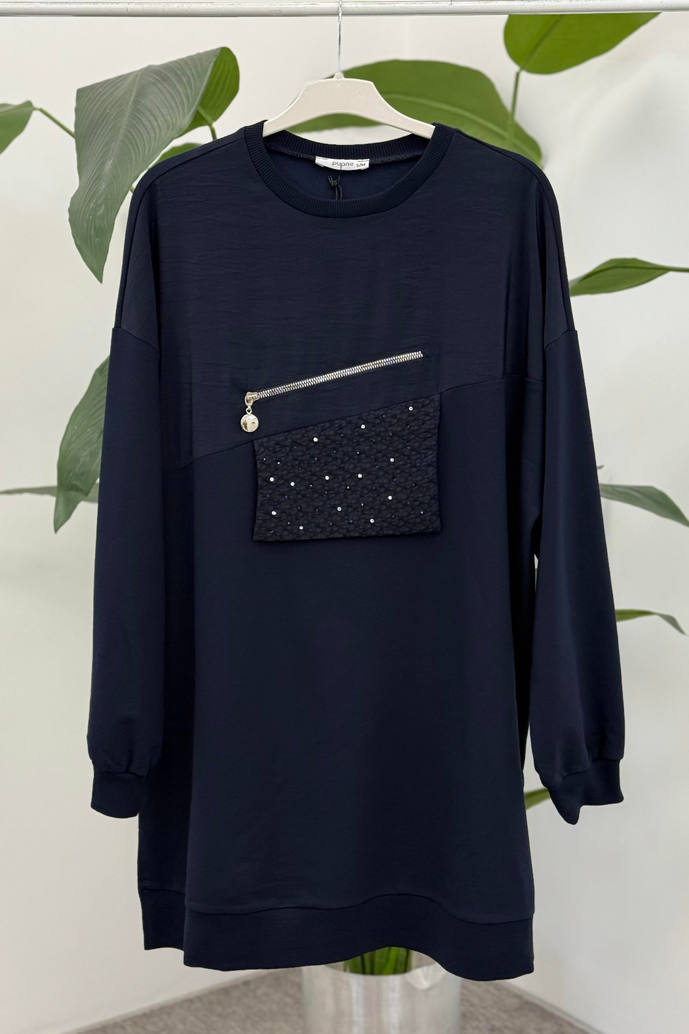 Cep Kapağı Taş İşlemeli Tunik 10768 - F.Navy