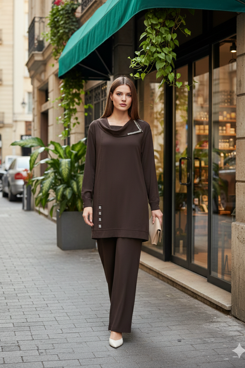Yaka Taş ve Fermuar Detaylı Pantolonlu Takım 14448 - Browni