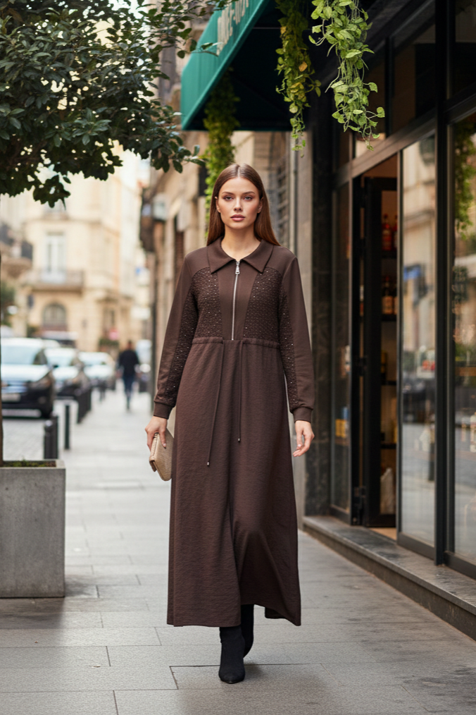 Göğüs Petek Detayı Taş İşlemeli Elbise 12674 - Browni