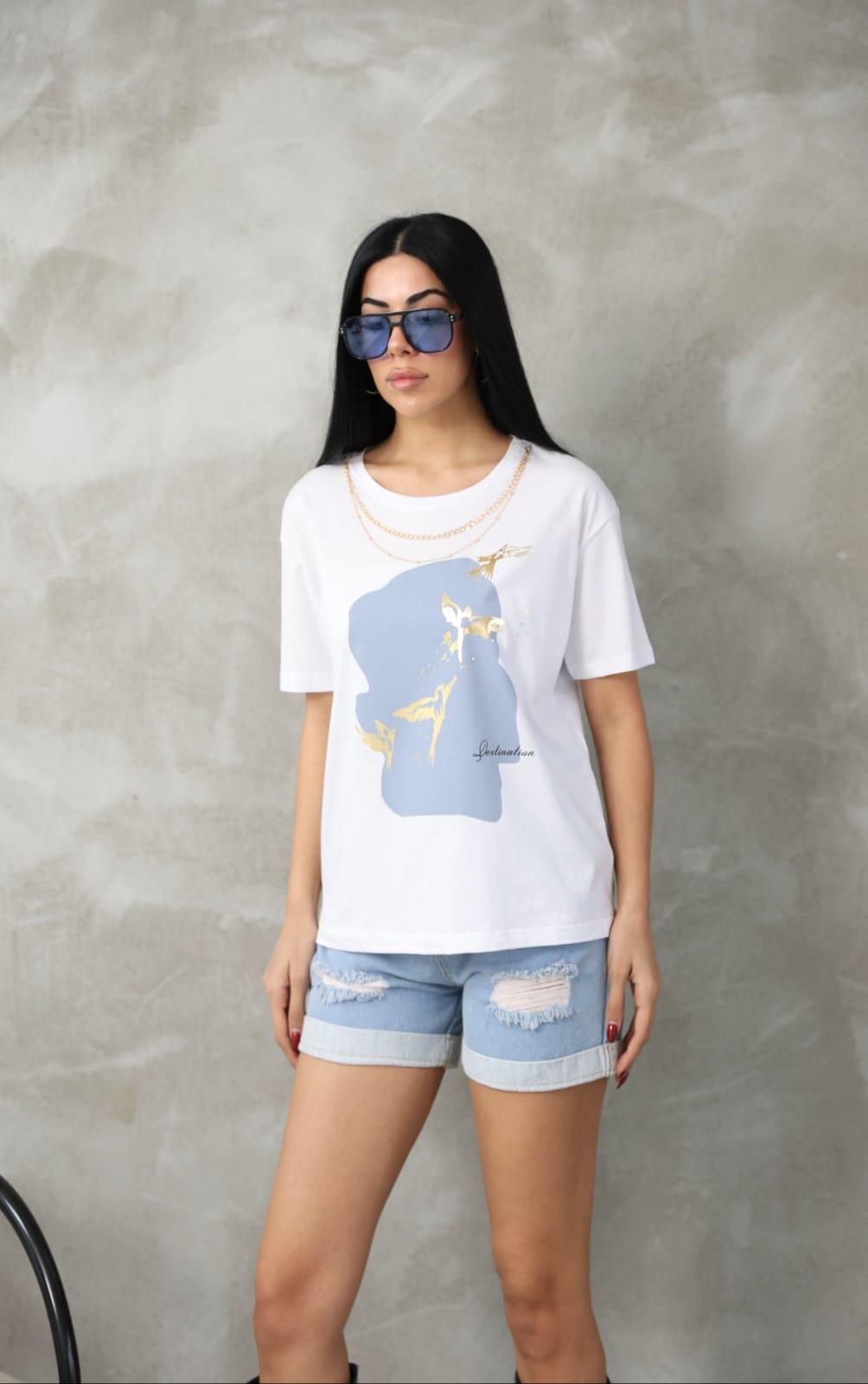 Kolyeli Kuş Detaylı Tshirt 3010 - Ekru