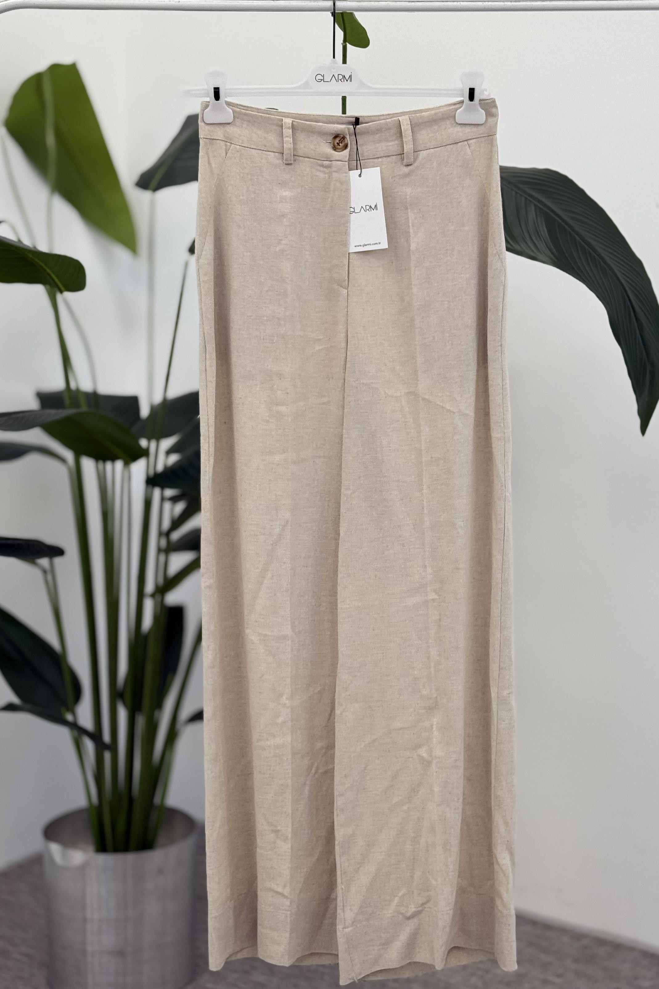 Keten Geniş Paça Pantolon 1004733 - Bej