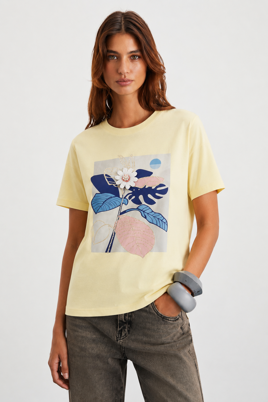 Papatyası İnci İşlemeli Tshirt 4035 - Sarı