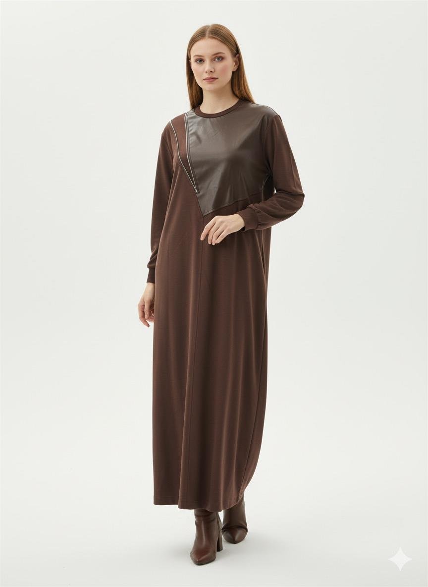 Deri ve Fermuar Detay Elbise 12656 - Browni