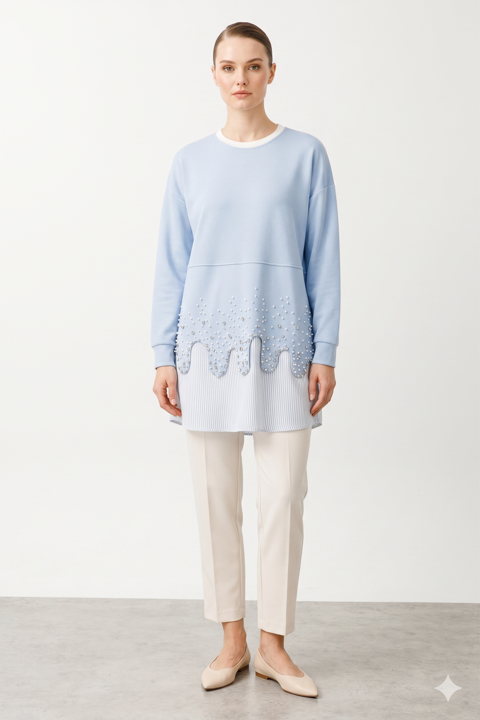 Fuat Gürşen 5344 Oval Kesimi Taş İşlemeli Tunik - Mavi