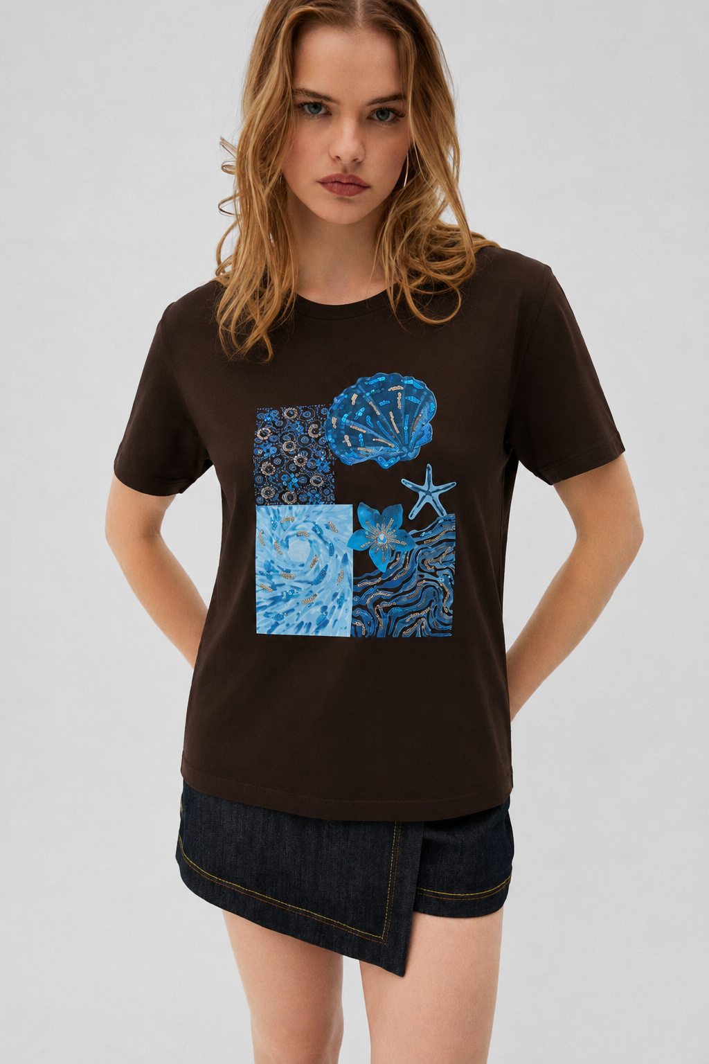 Deniz Kabuğu Payet İşlemeli Tshirt 4048 - Kahve