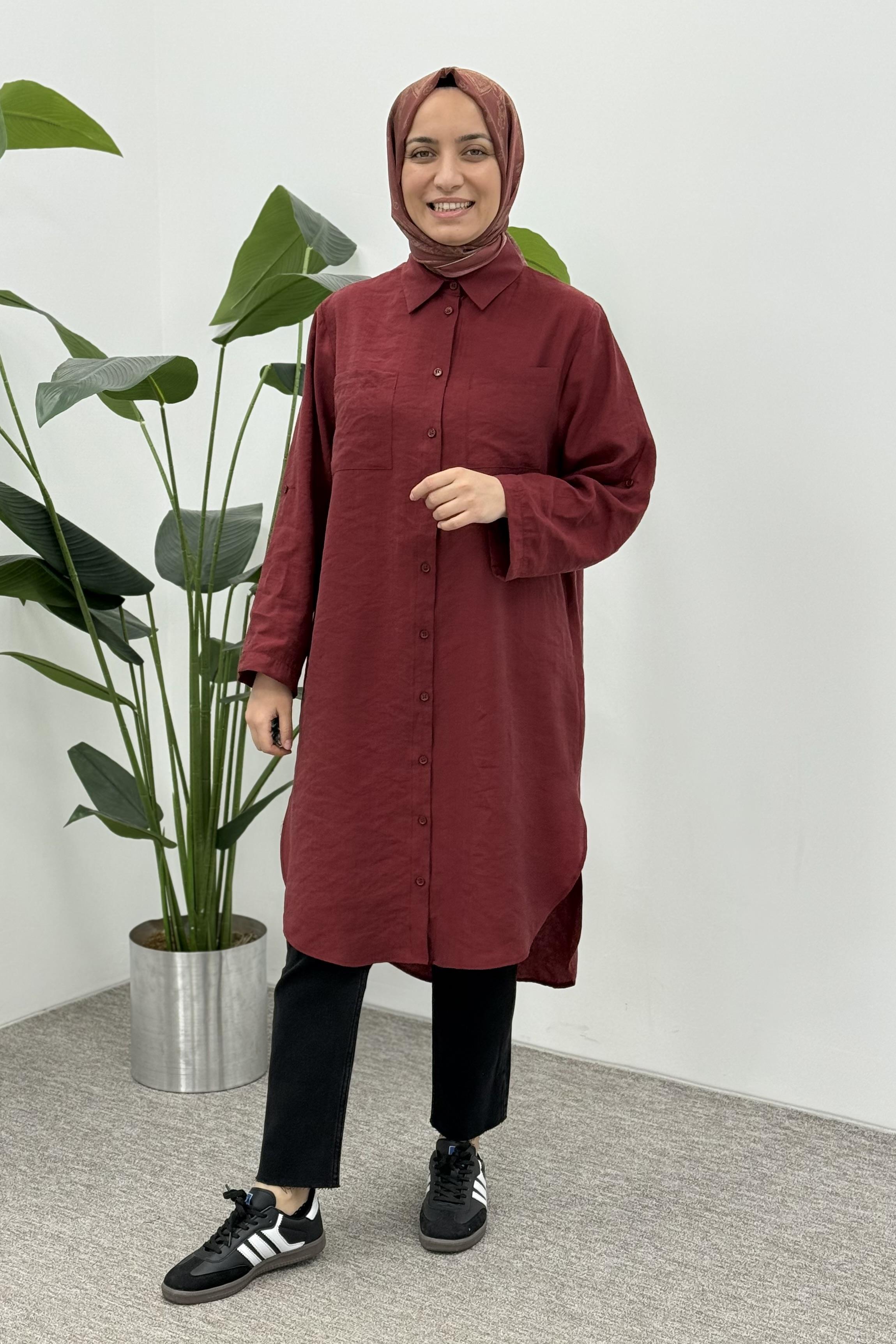 Düğmeli Basic Gömlek Tunik 10685 - Bordo