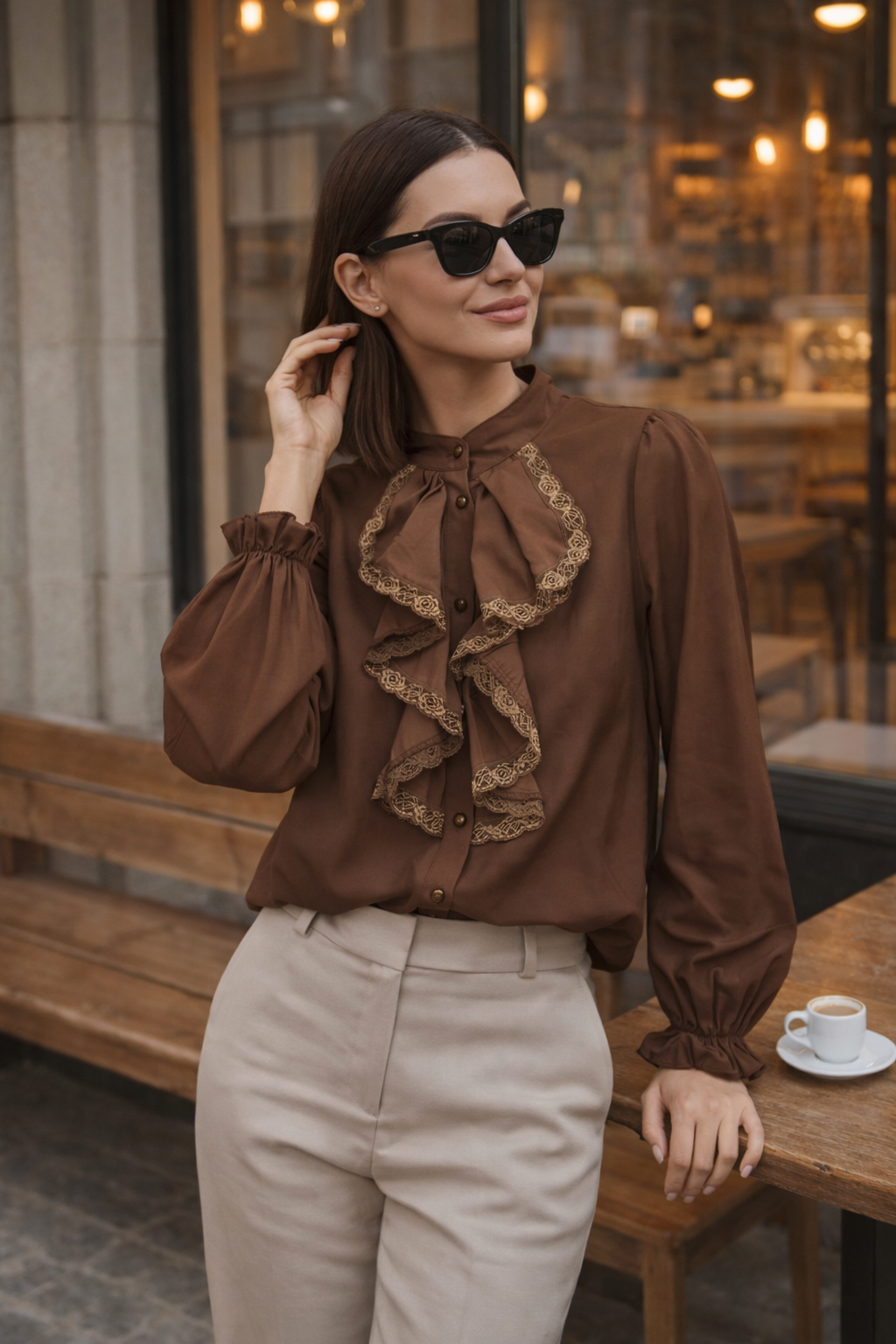 Fırfır Yaka Dantel Detaylı Bluz 260133 - Kahve