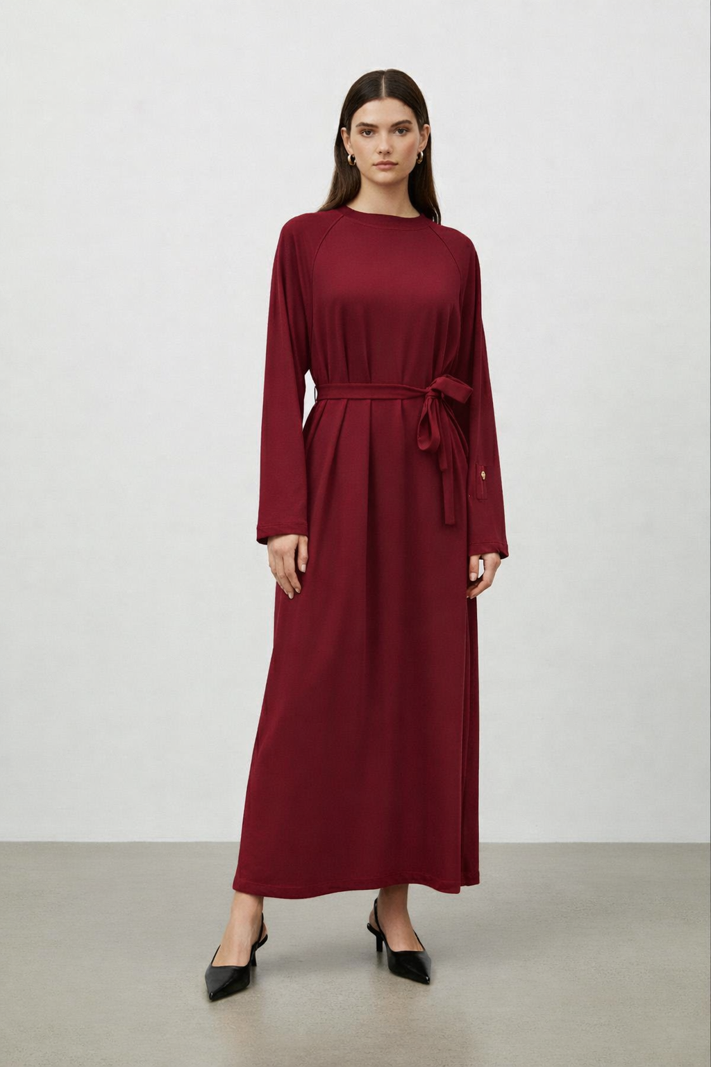 Kol Düğme Detay Kemerli Elbise 12671 - Burgundy
